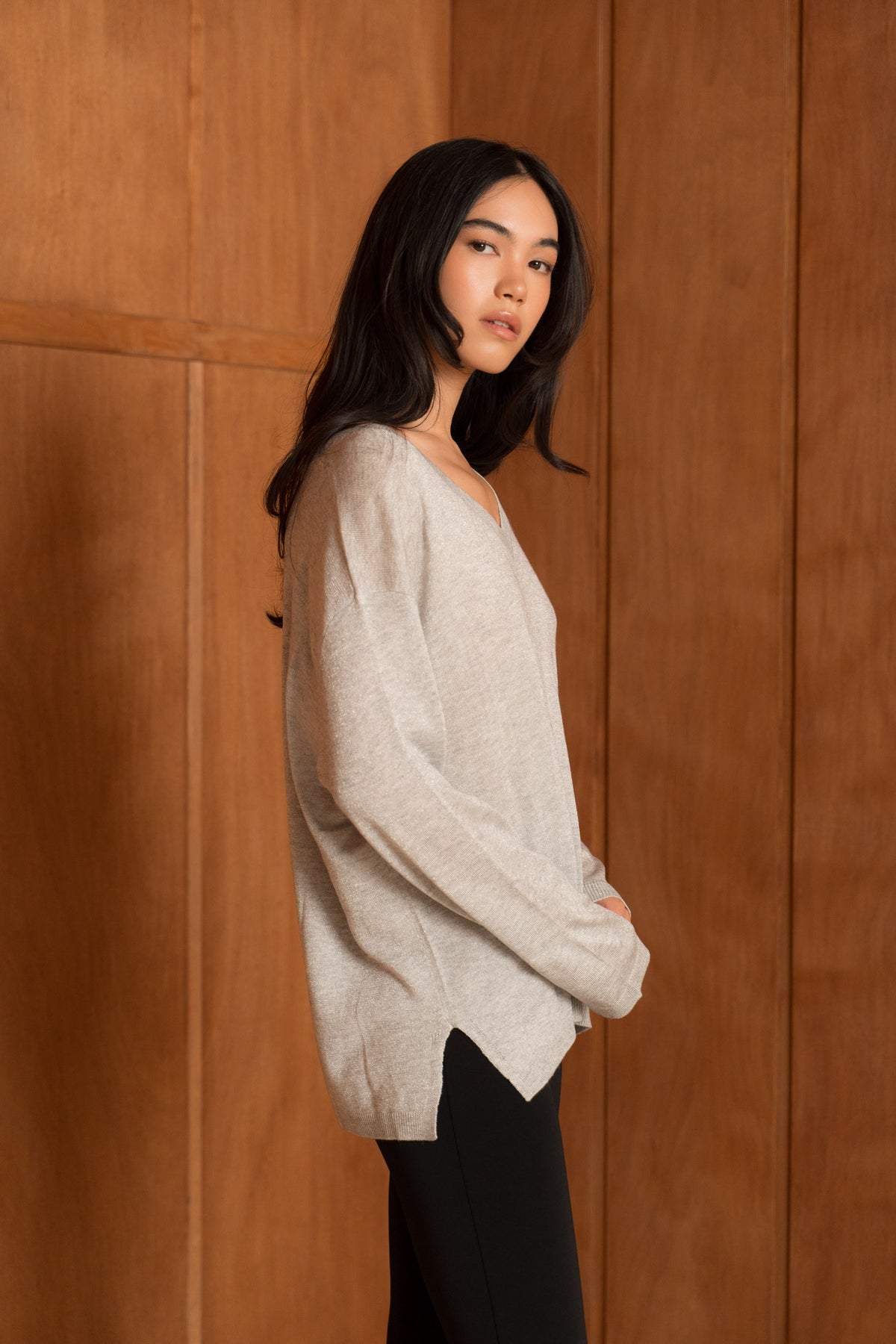 Pull lurex & cachemire col V oversize
