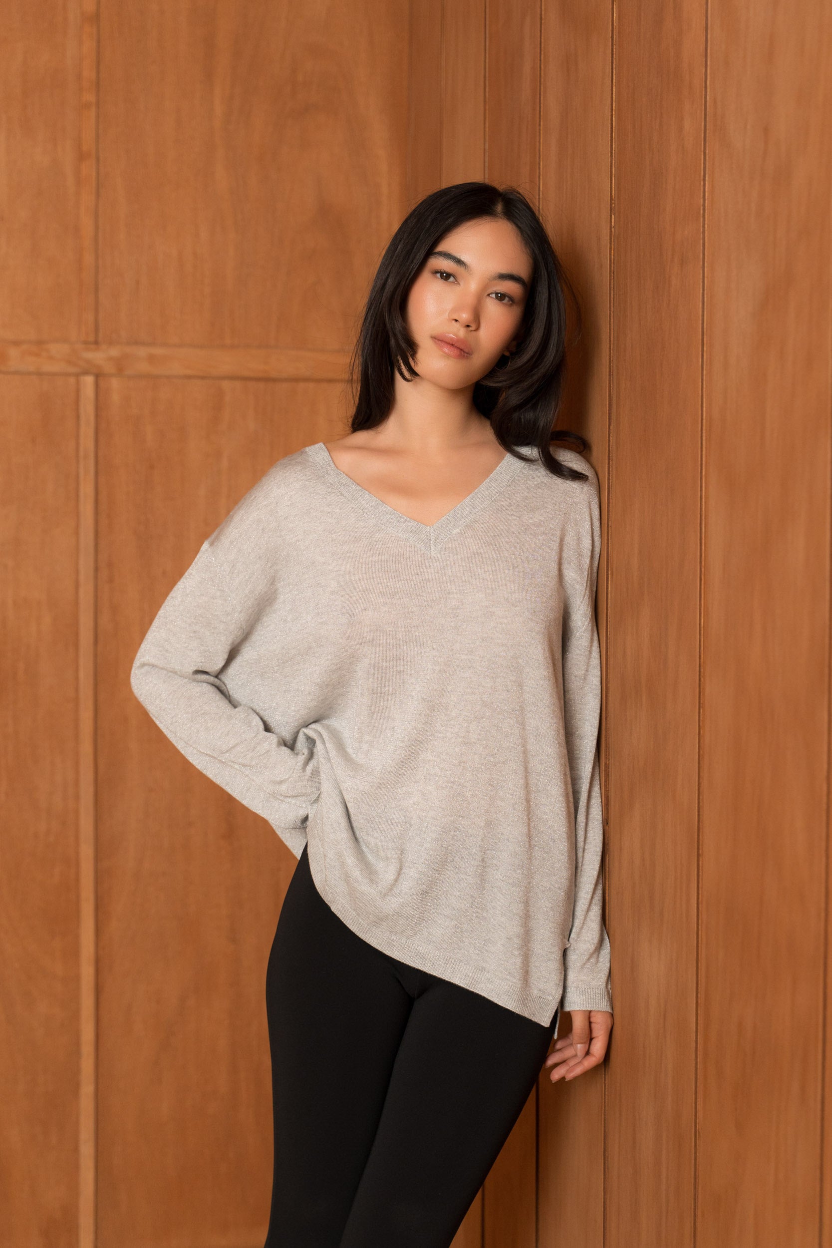 Pull lurex & cachemire col V oversize