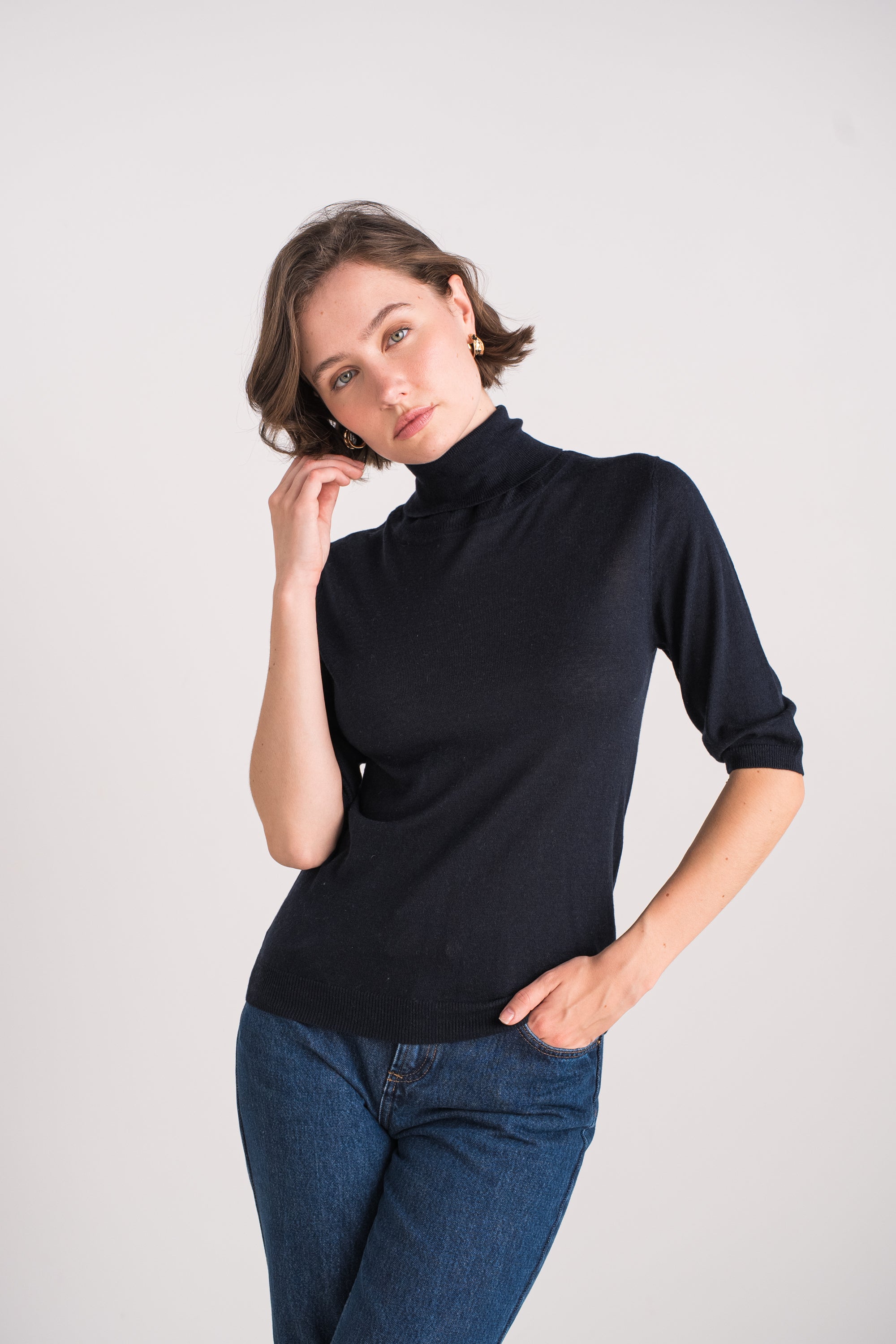Pull col roulé manches aux coudes en soie et cachemire