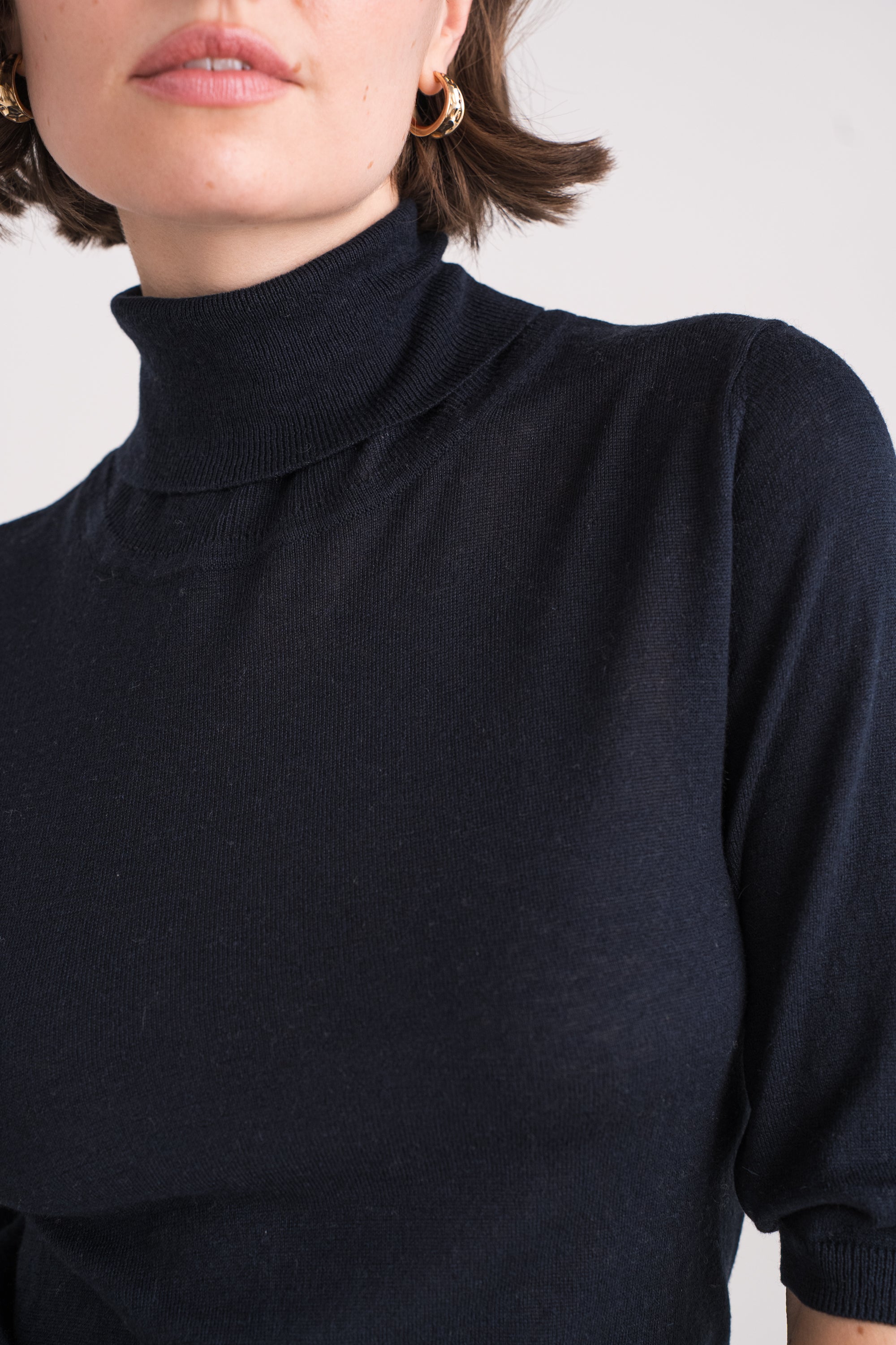 Pull col roulé manches aux coudes en soie et cachemire