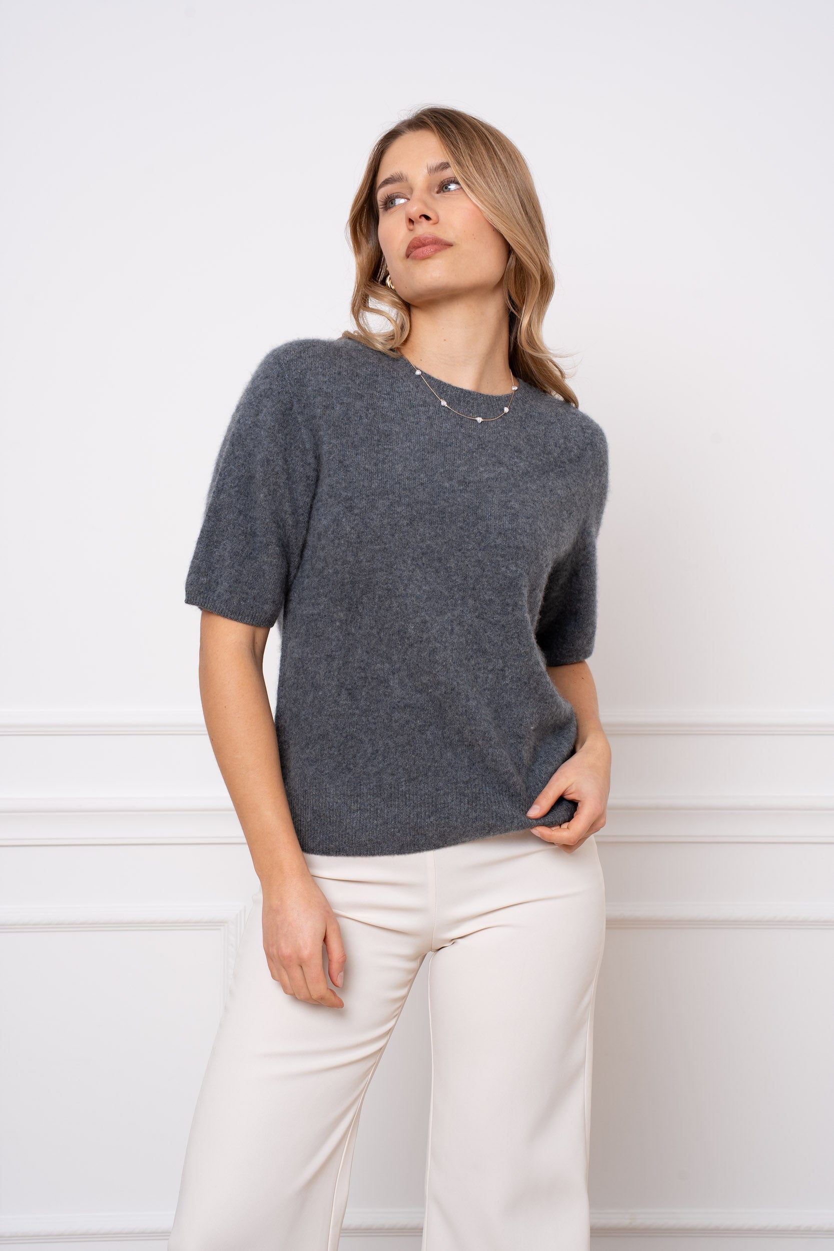 Pull laine & cachemire brossé col rond manches courtes