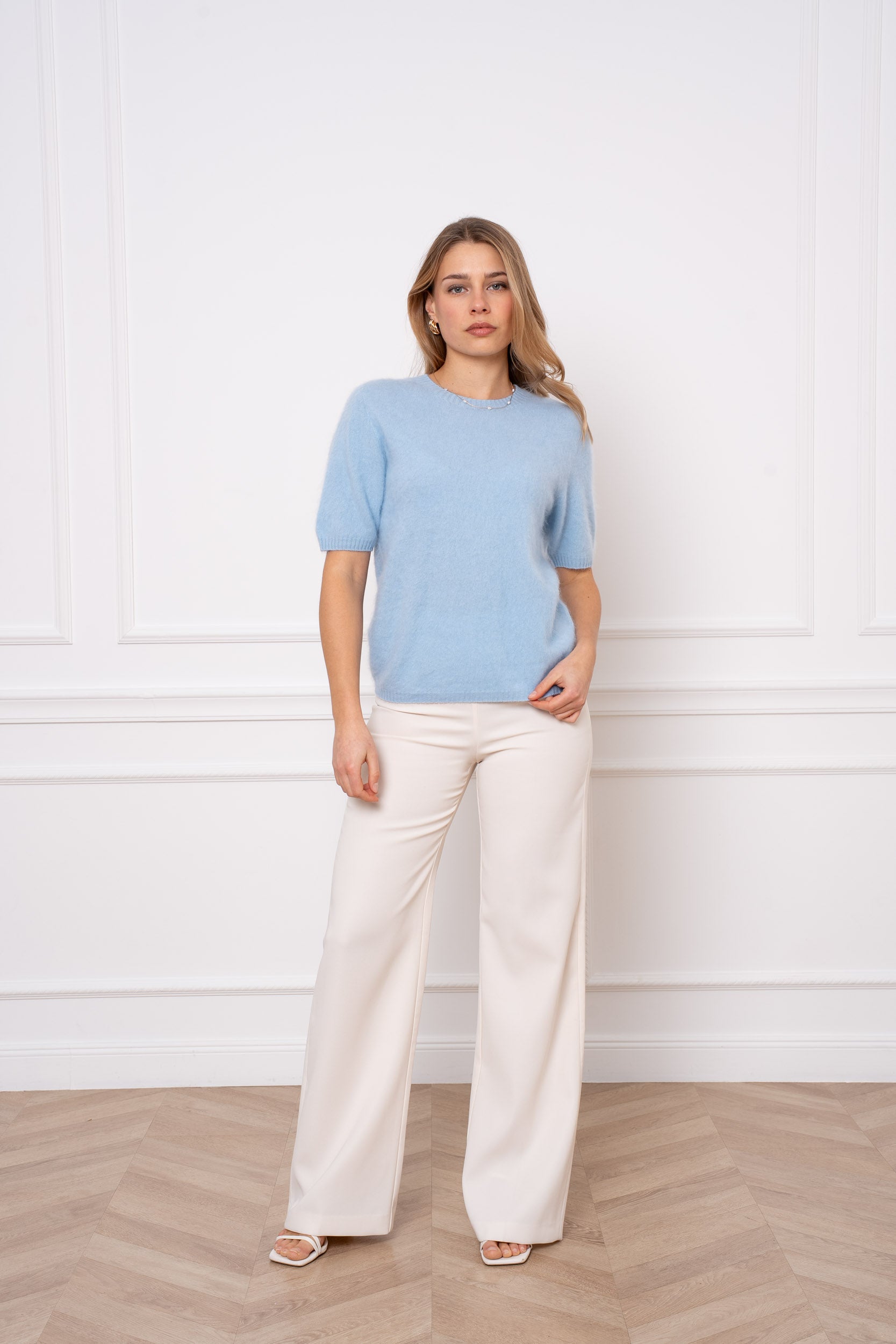 Pull laine & cachemire brossé col rond manches courtes