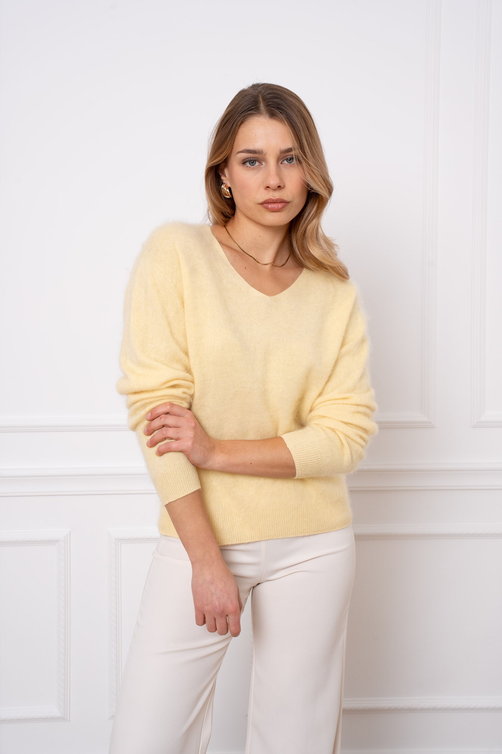 Pull laine & cachemire brossé col V