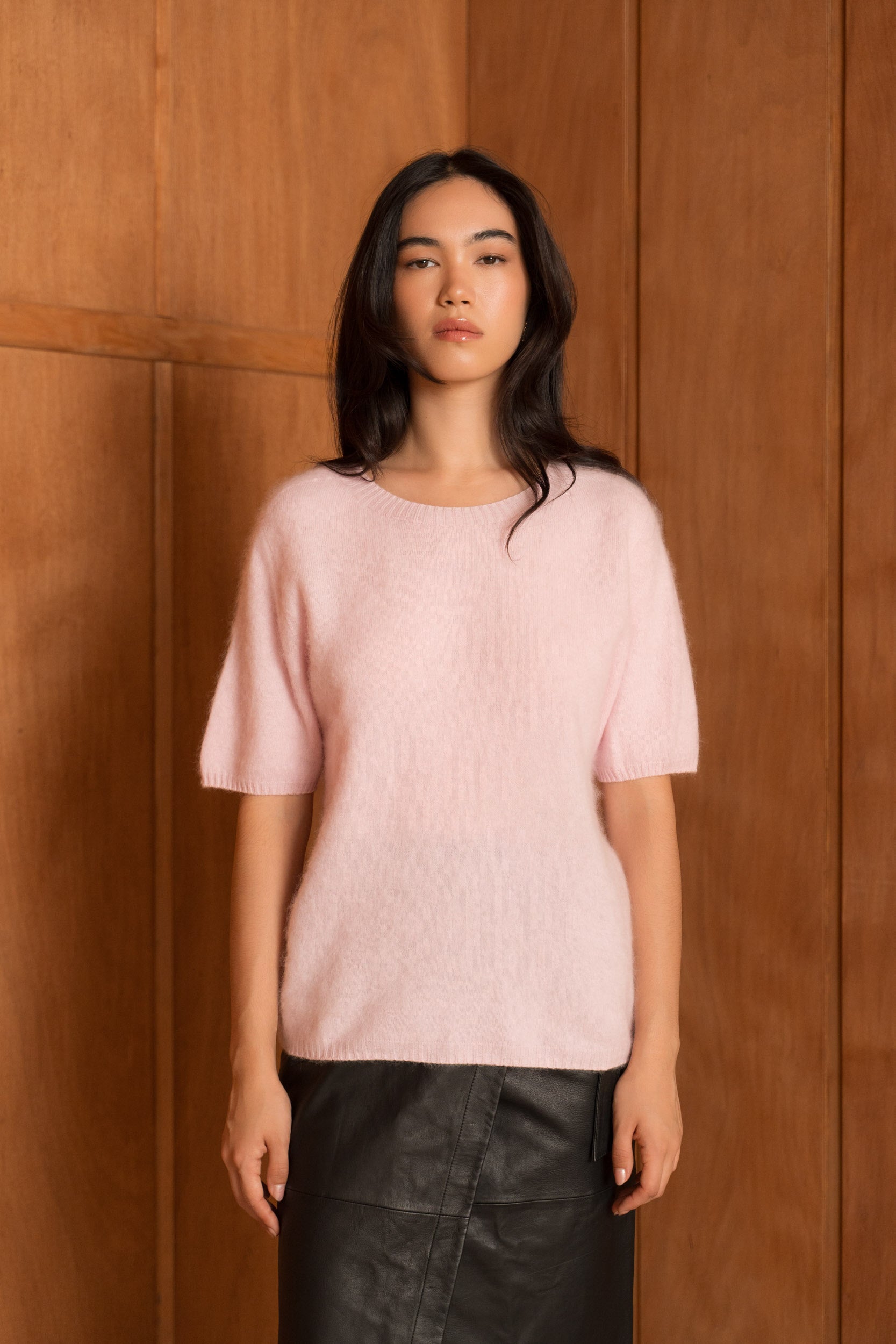 Pull laine & cachemire brossé col rond manches courtes
