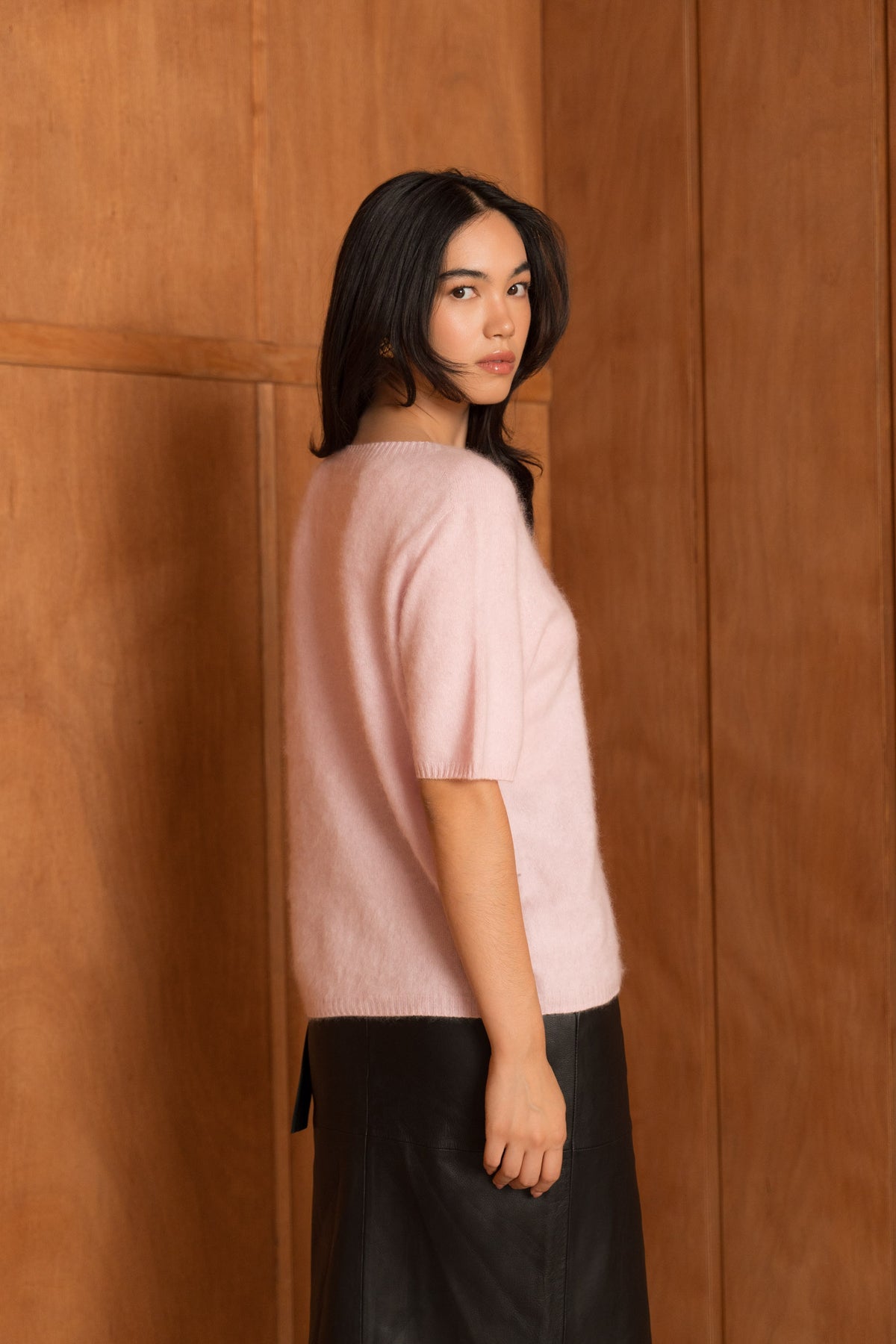 Pull laine & cachemire brossé col rond manches courtes