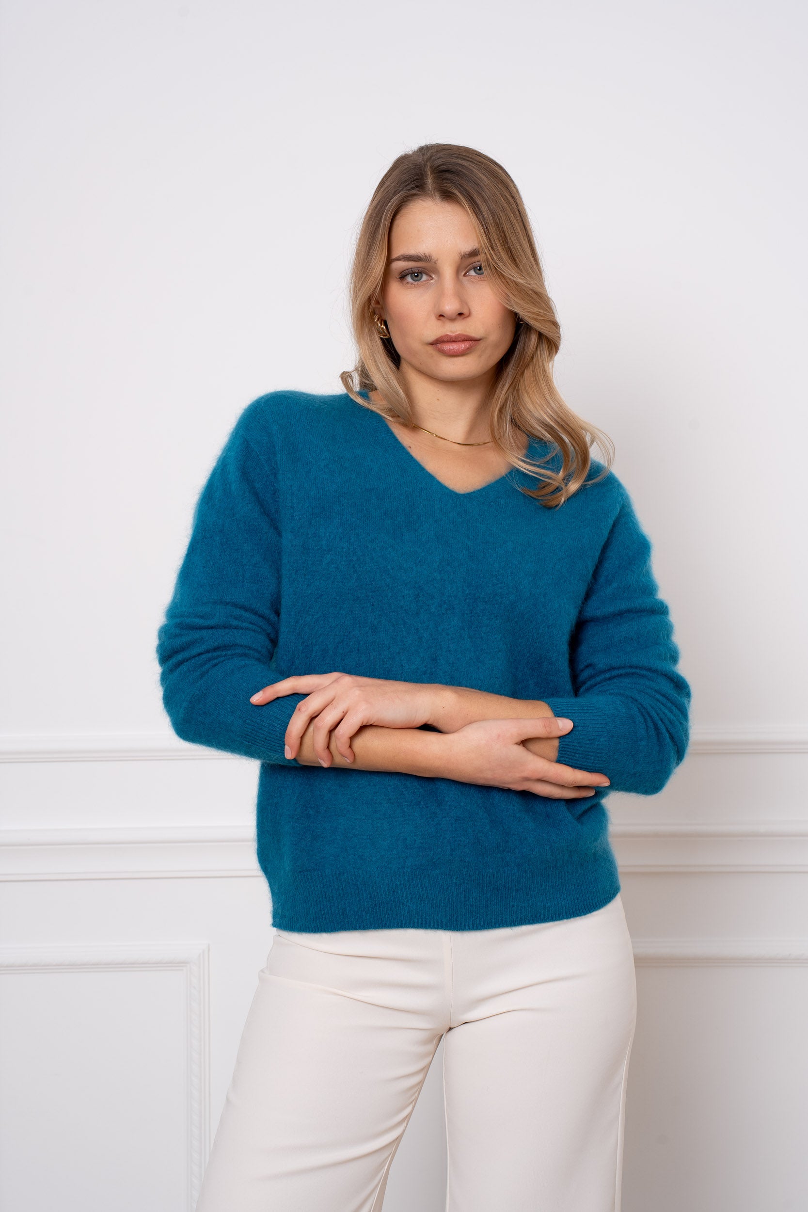 Pull laine & cachemire brossé col V