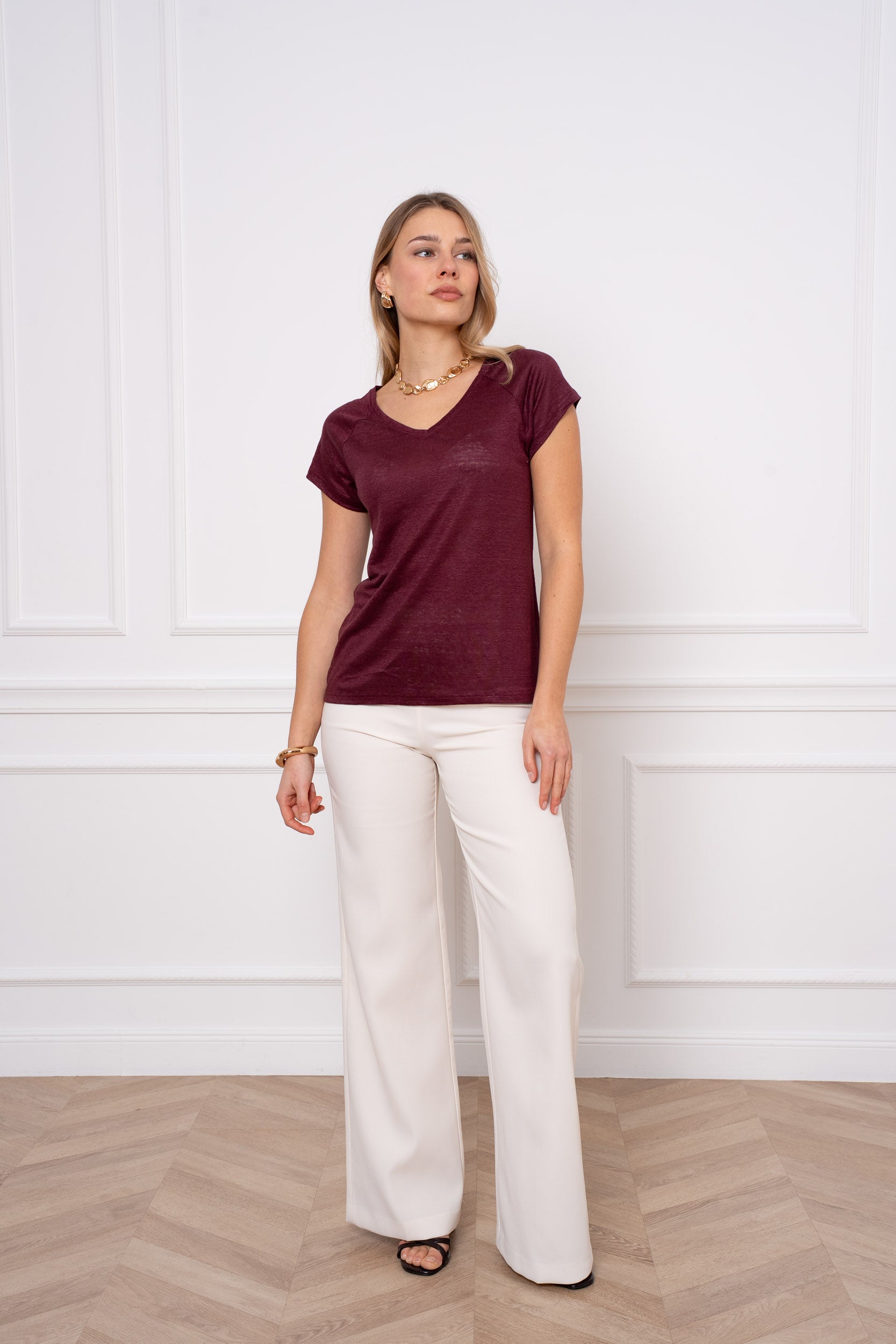 T-shirt V manche raglan en lin