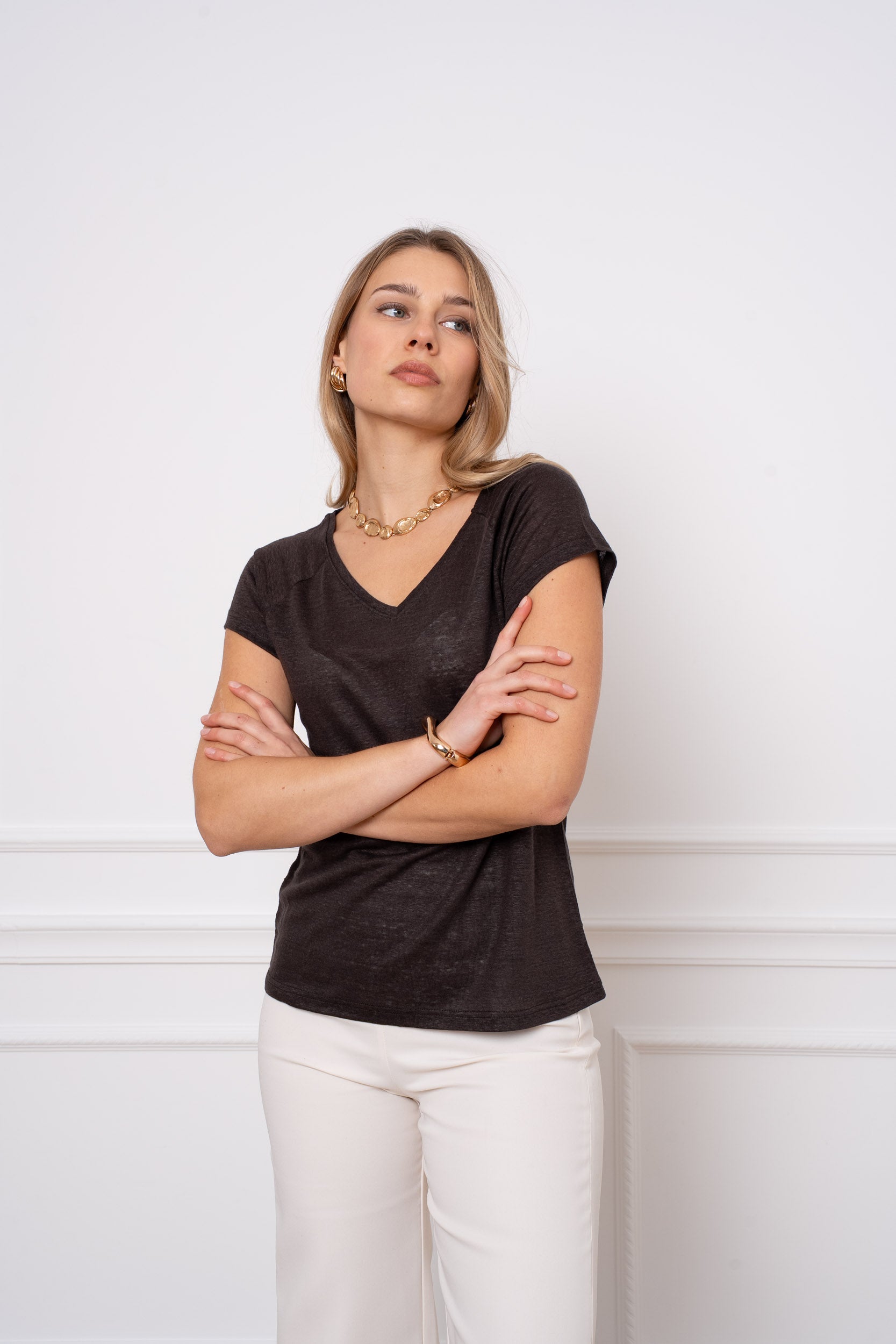 T-shirt V manche raglan en lin