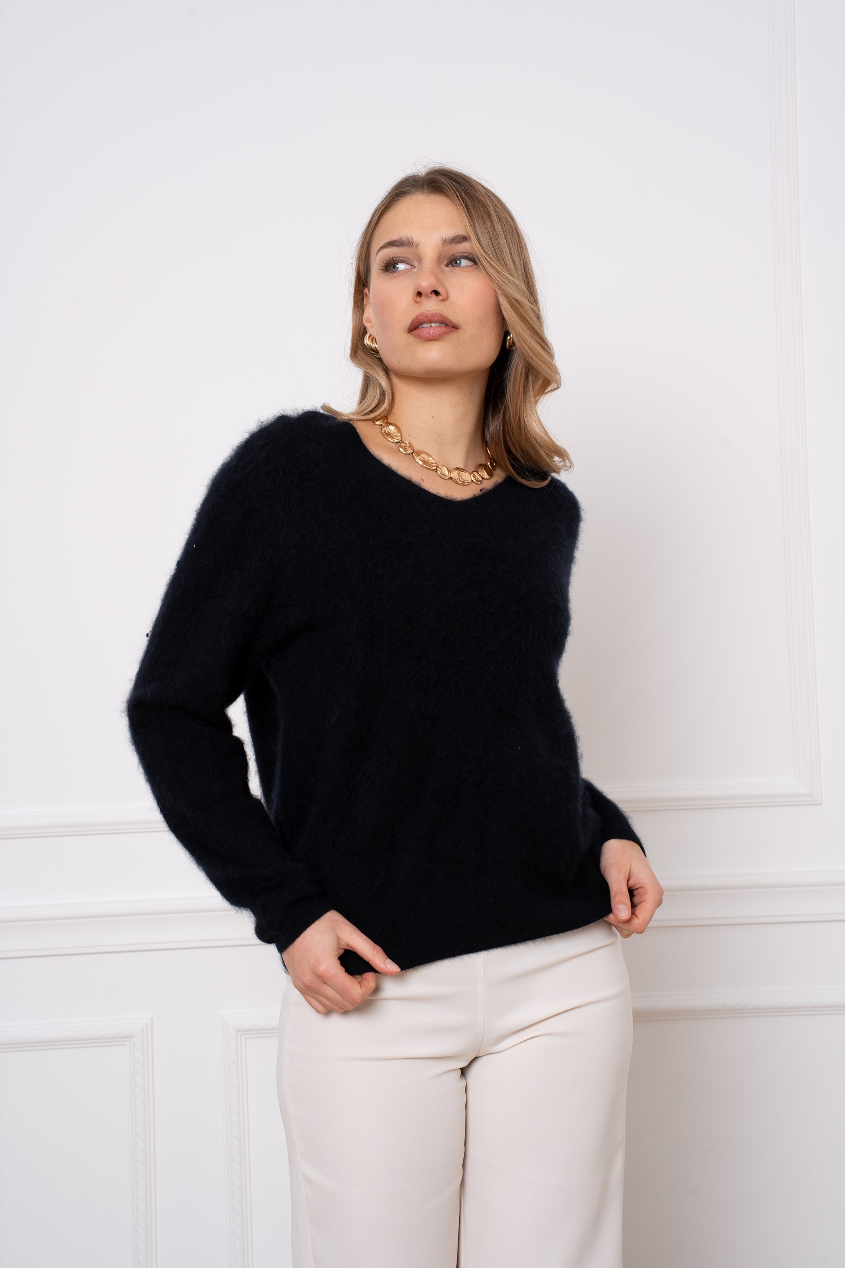 Pull laine & cachemire brossé col V