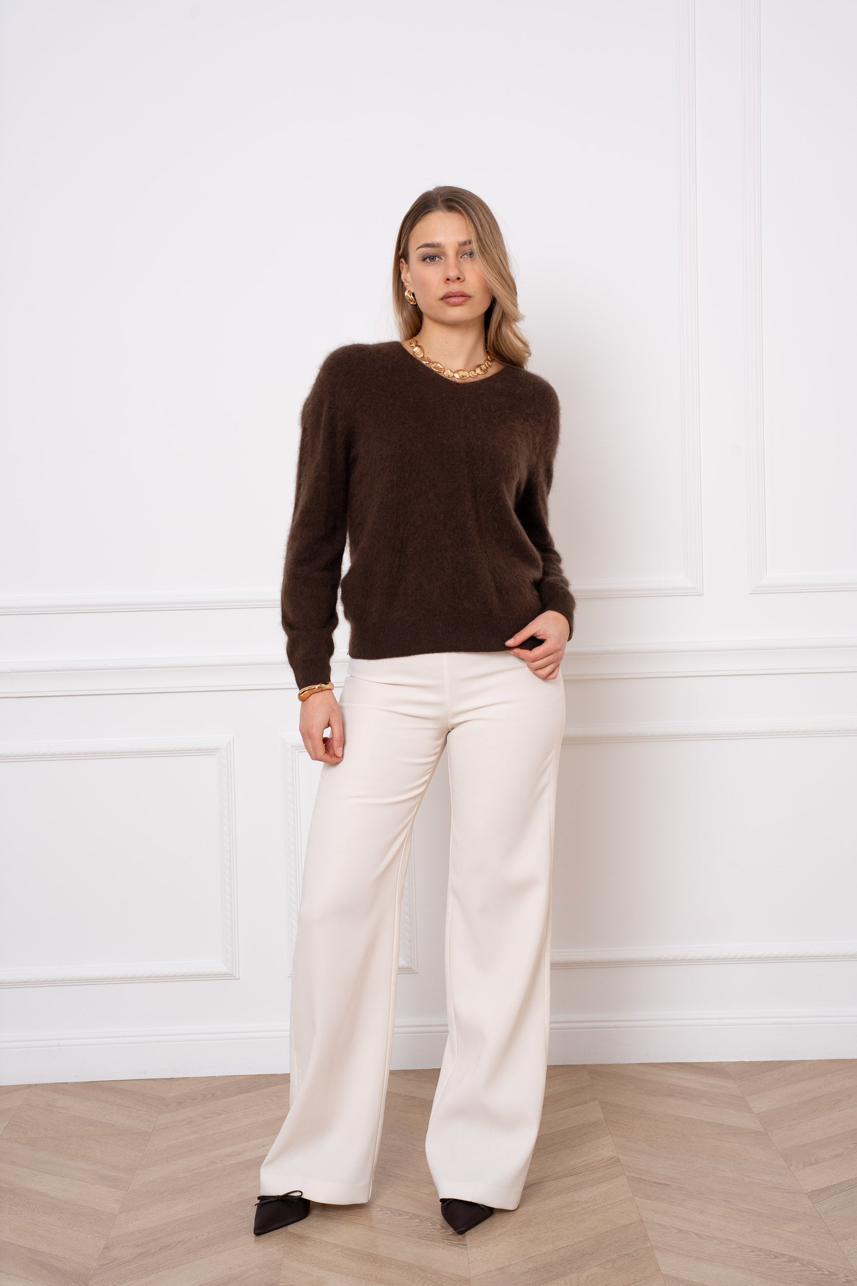 Pull laine & cachemire brossé col V