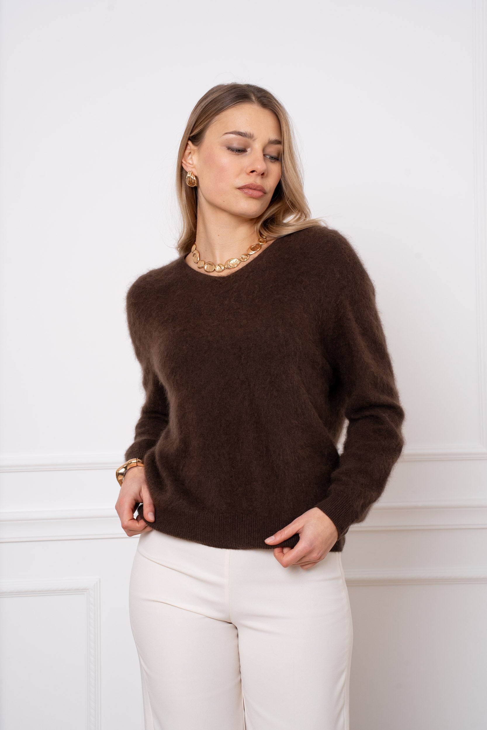 Pull laine & cachemire brossé col V