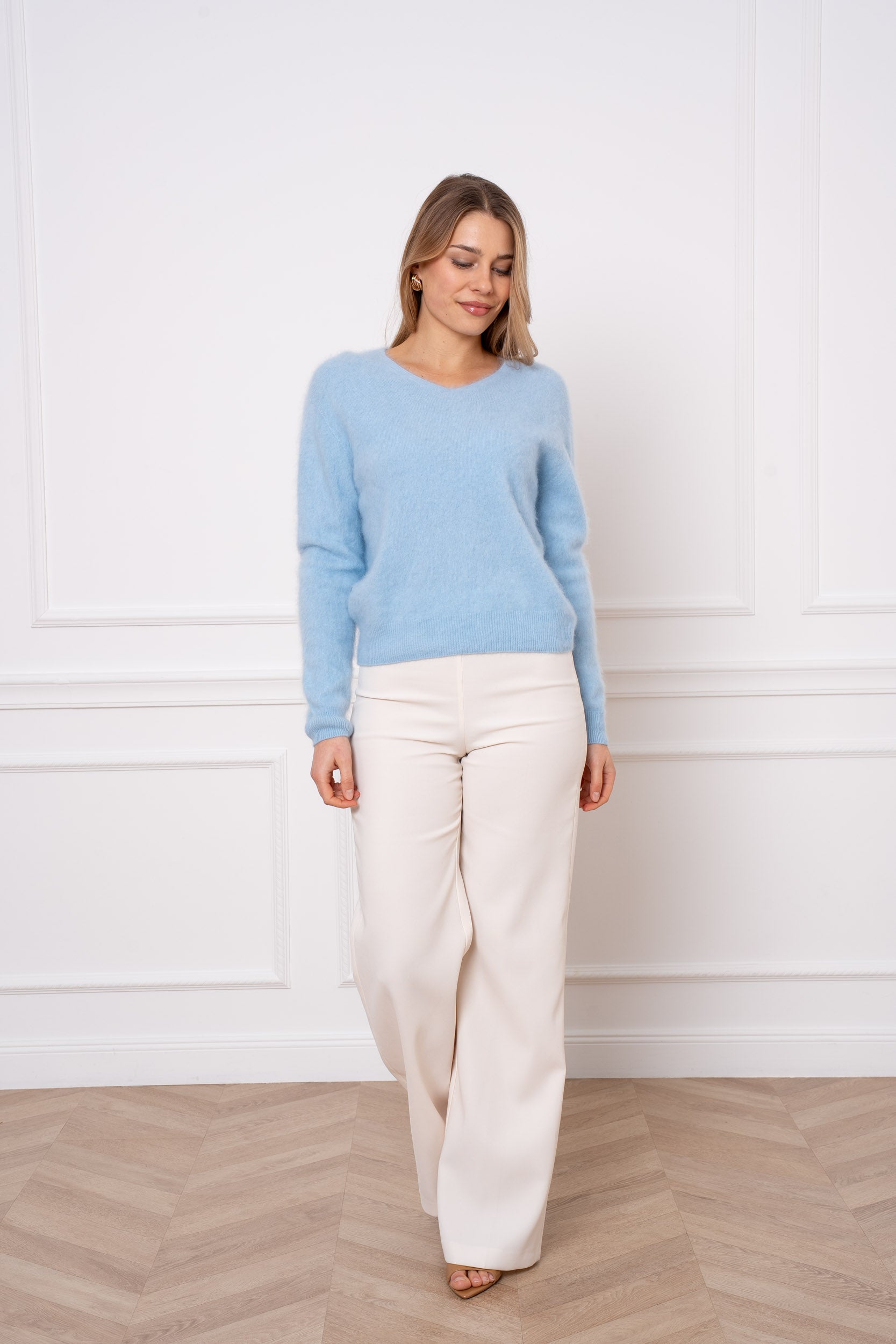 Pull laine & cachemire brossé col V