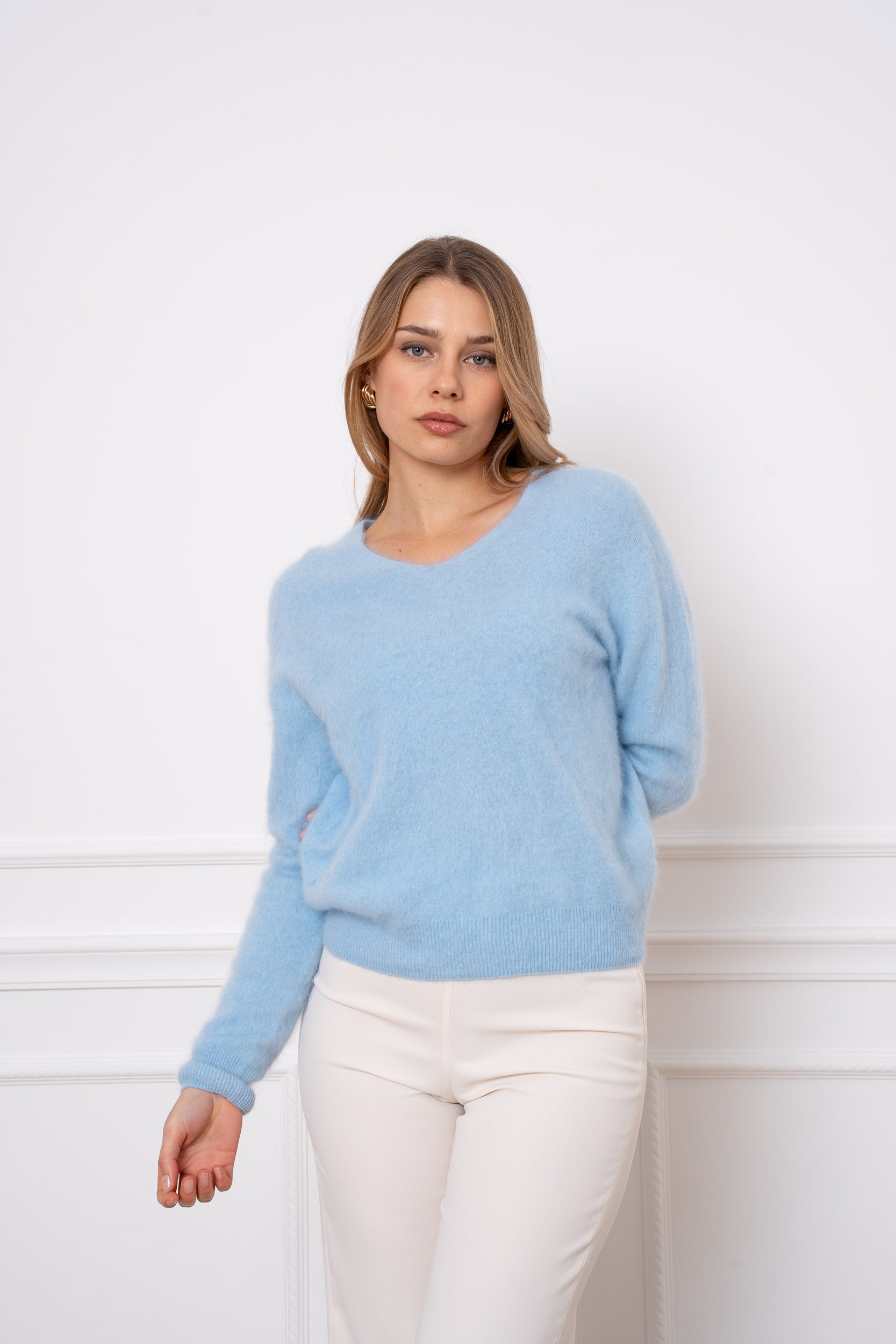 Pull laine & cachemire brossé col V