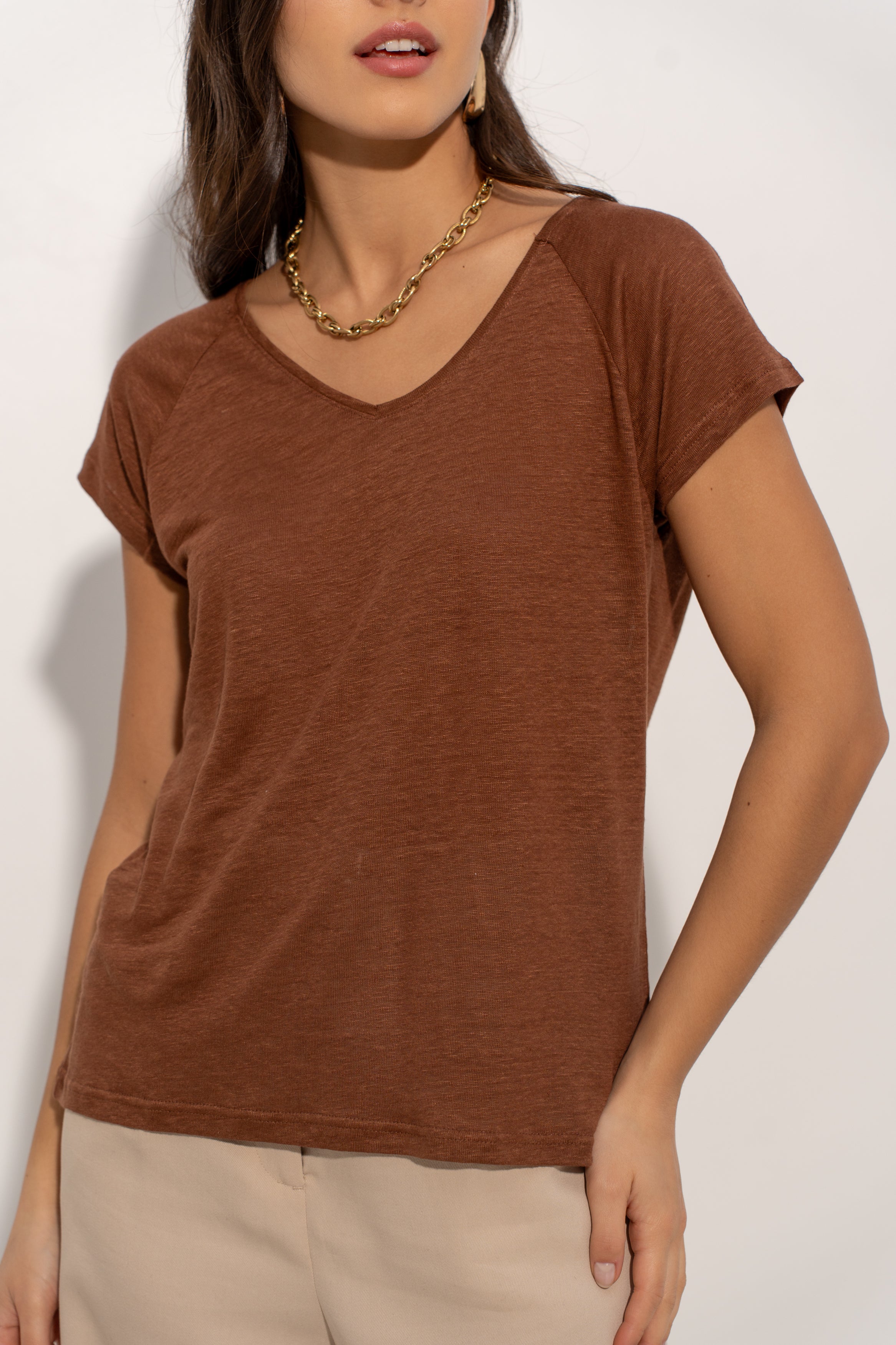 T-shirt V manche raglan en lin
