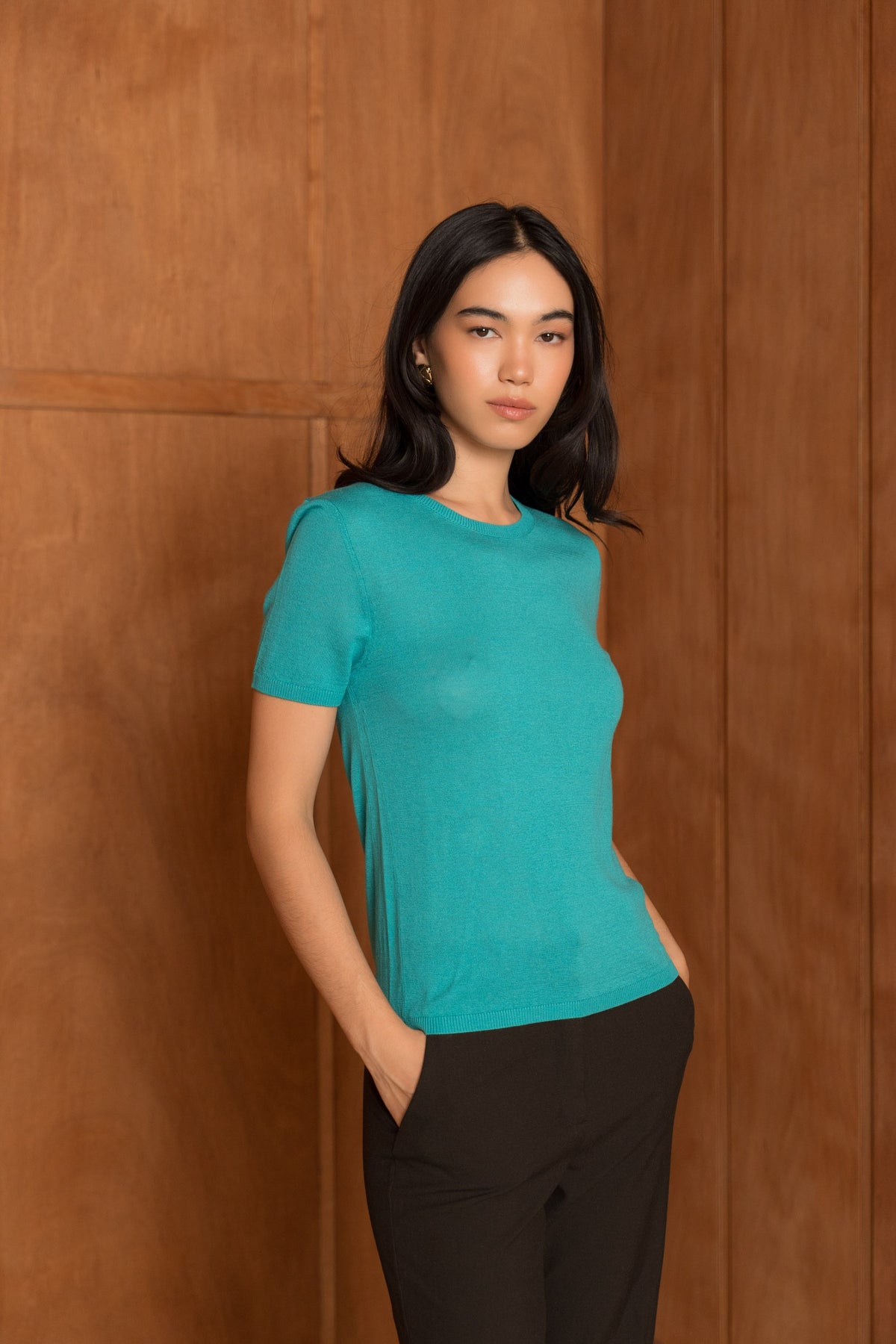 Pull soie & cachemire col rond manches courtes