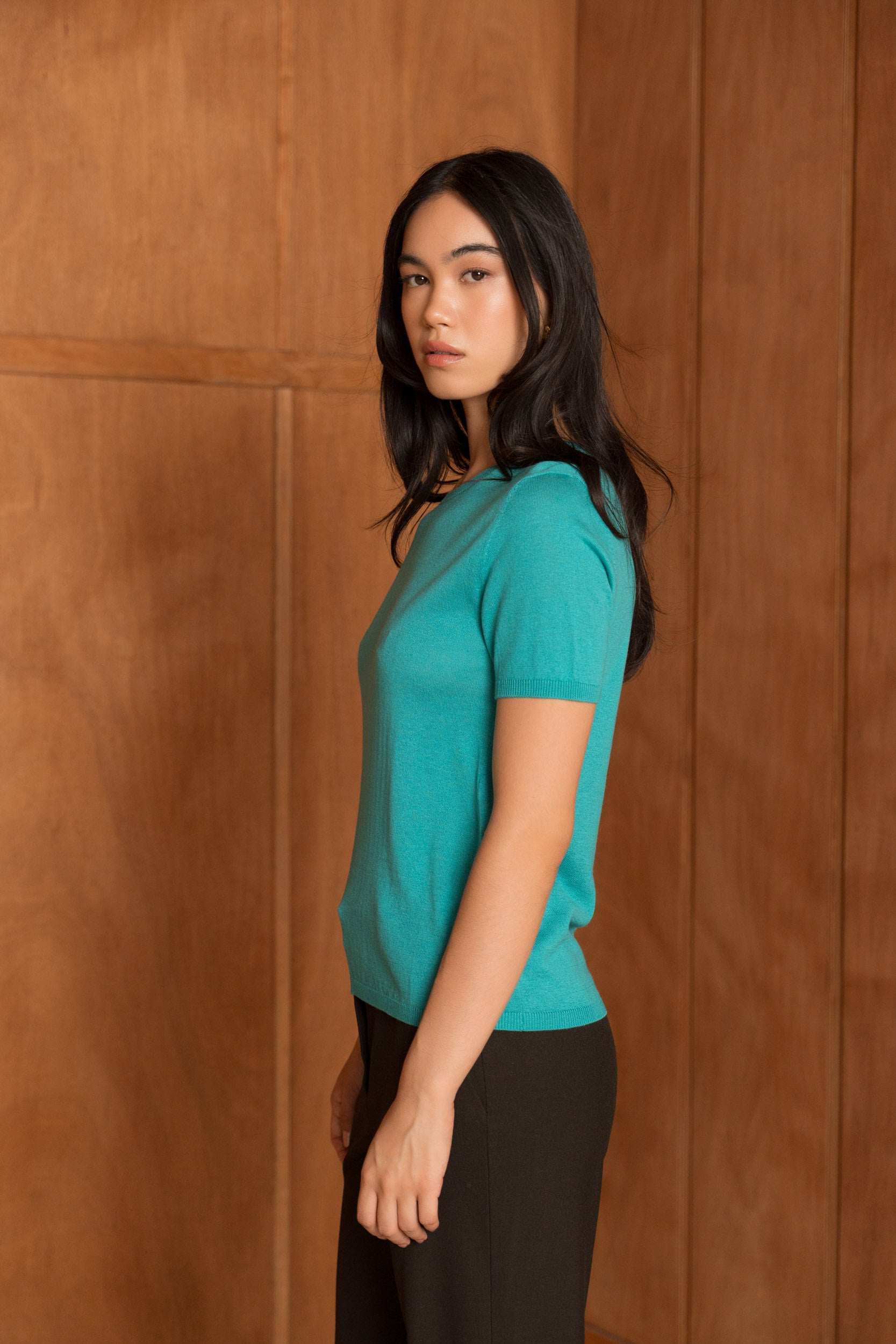 Pull soie & cachemire col rond manches courtes