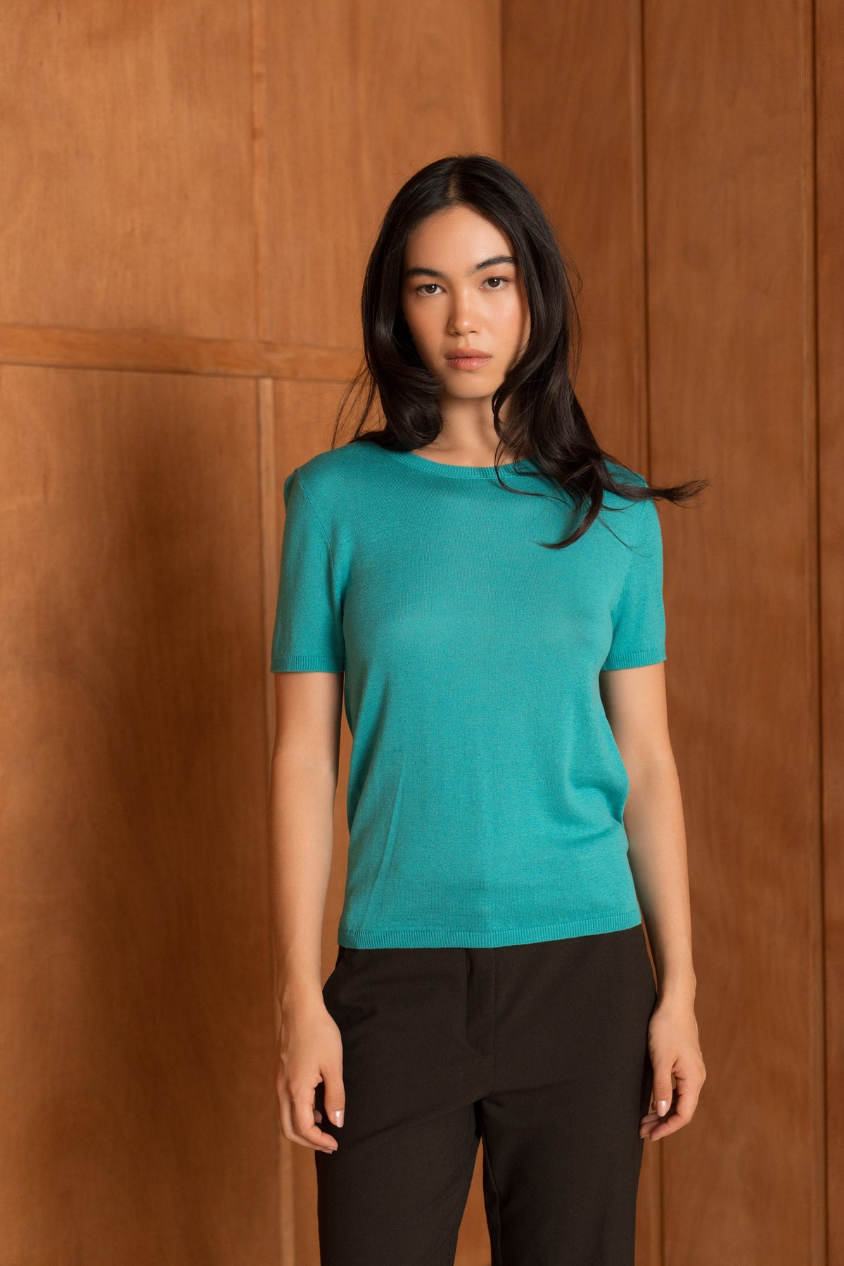 Pull soie & cachemire col rond manches courtes
