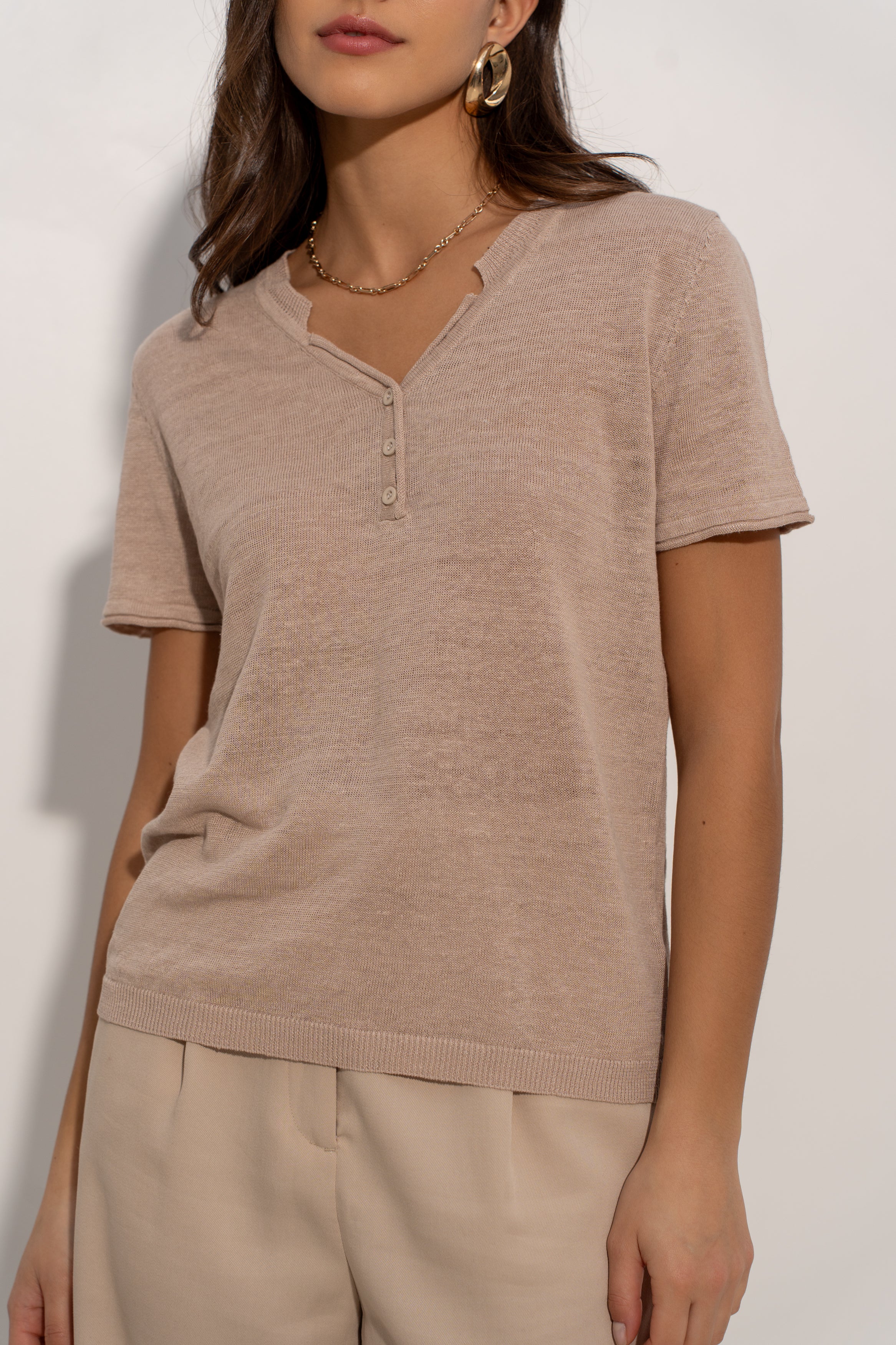 T-shirt col tunisien en lin tricoté
