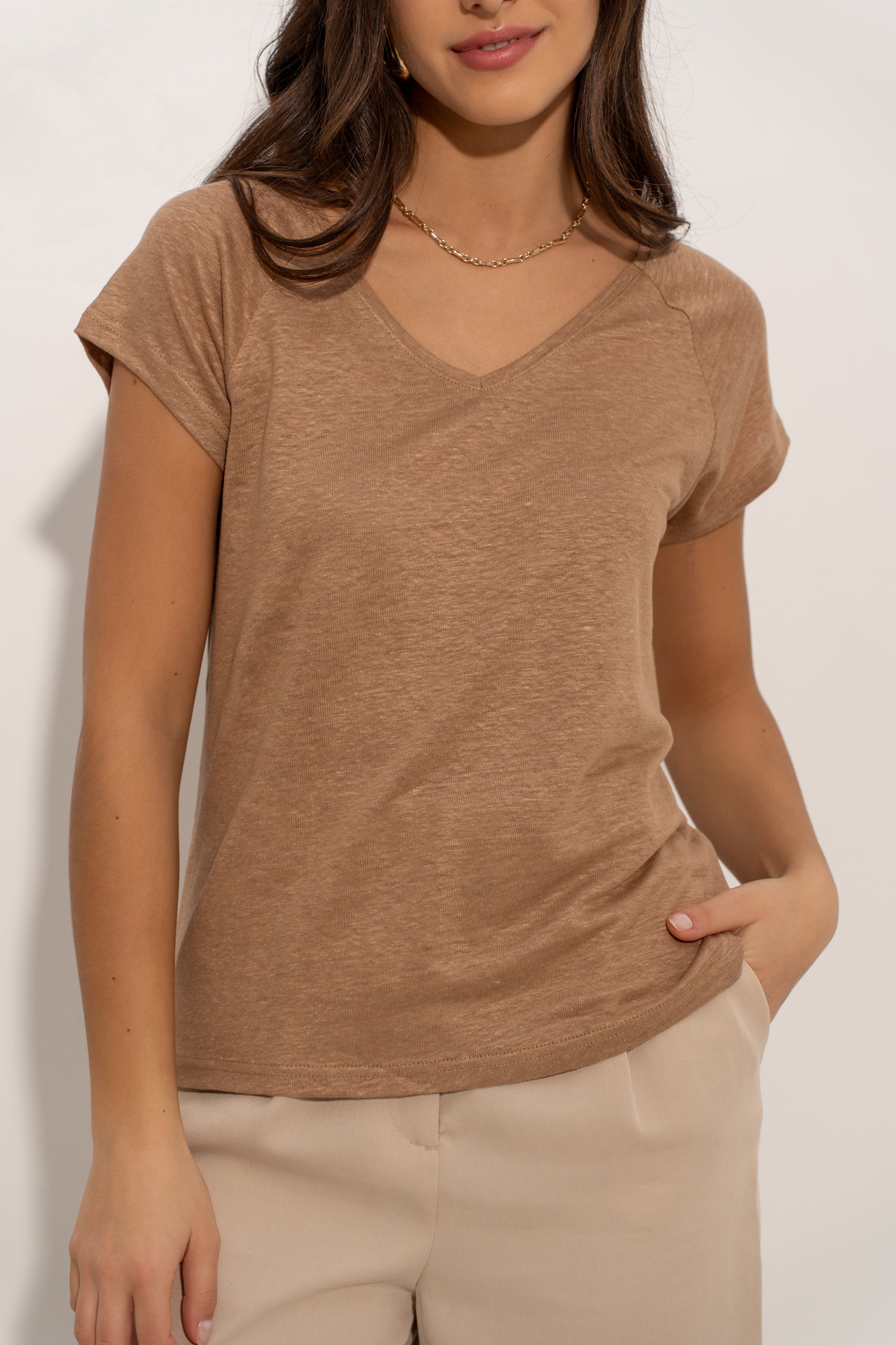 T-shirt V manche raglan en lin