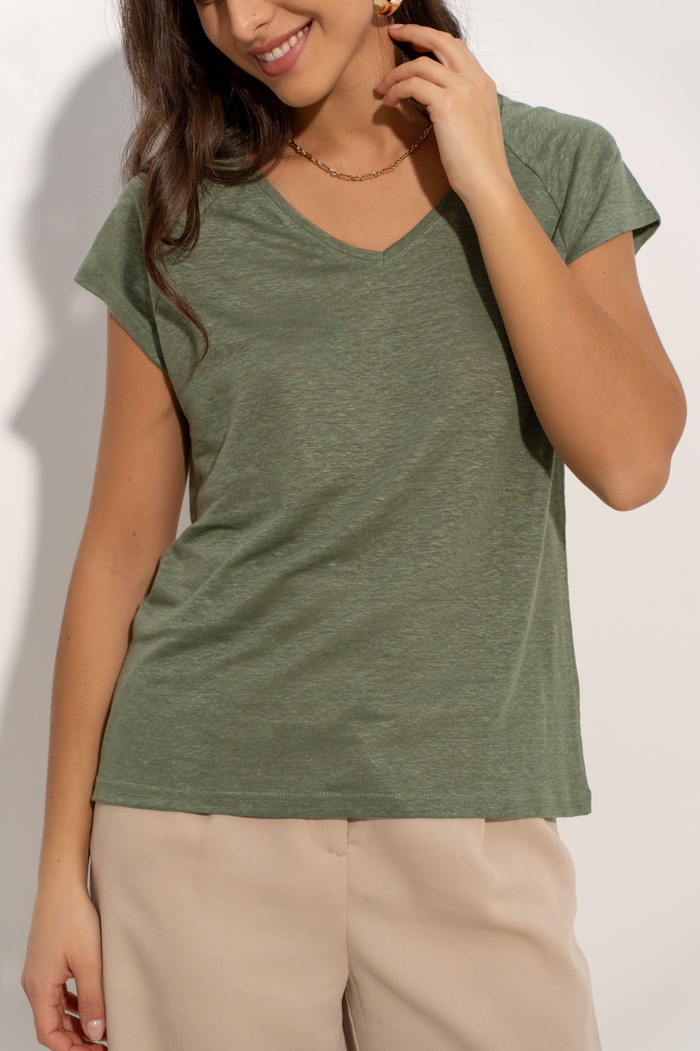 T-shirt V manche raglan en lin