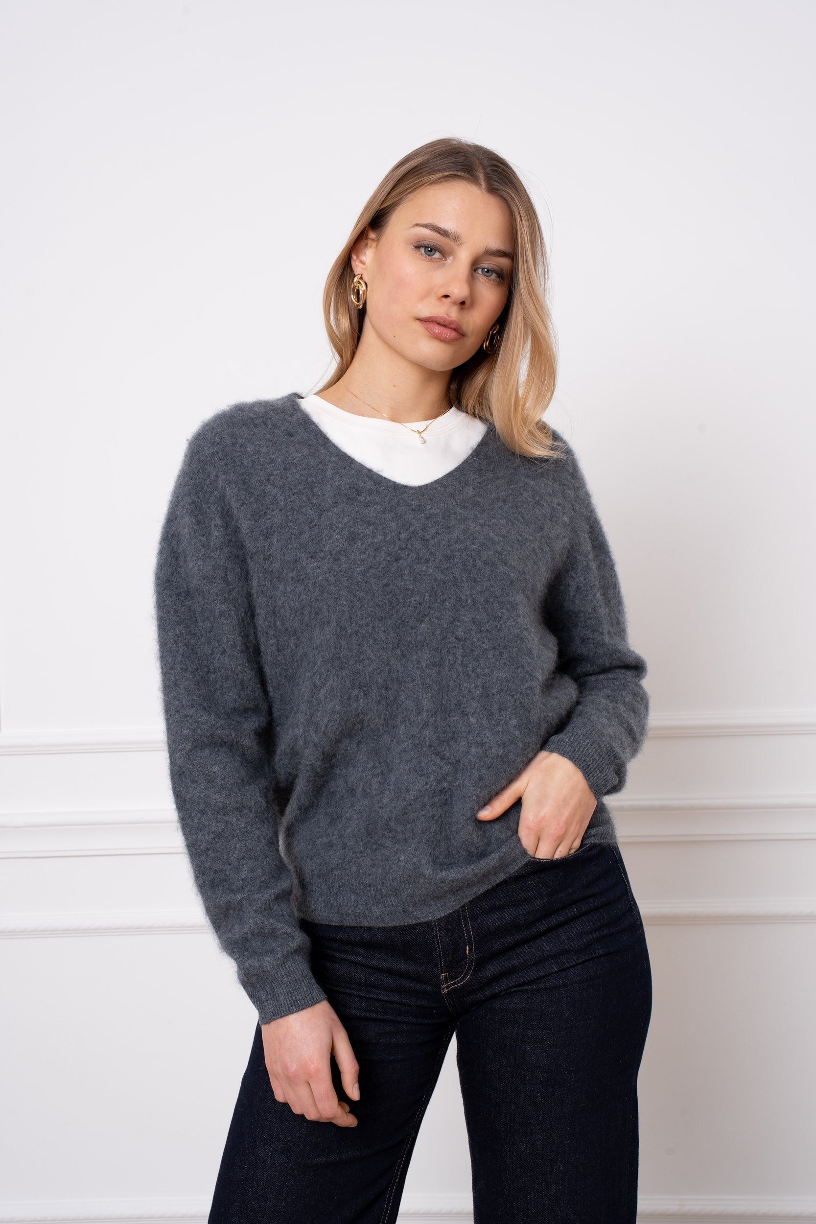 Pull laine & cachemire brossé col V