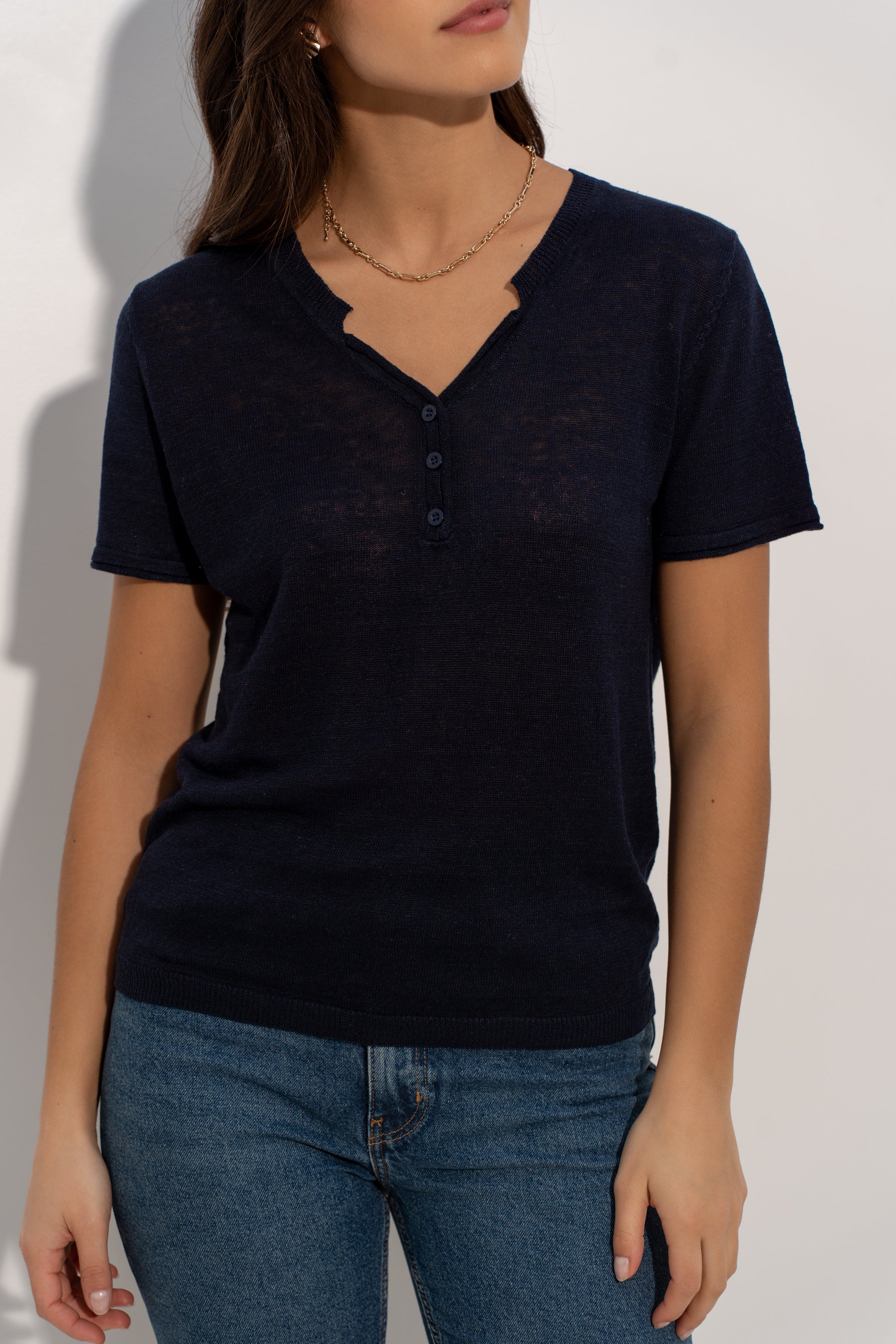 T-shirt col tunisien en lin tricoté