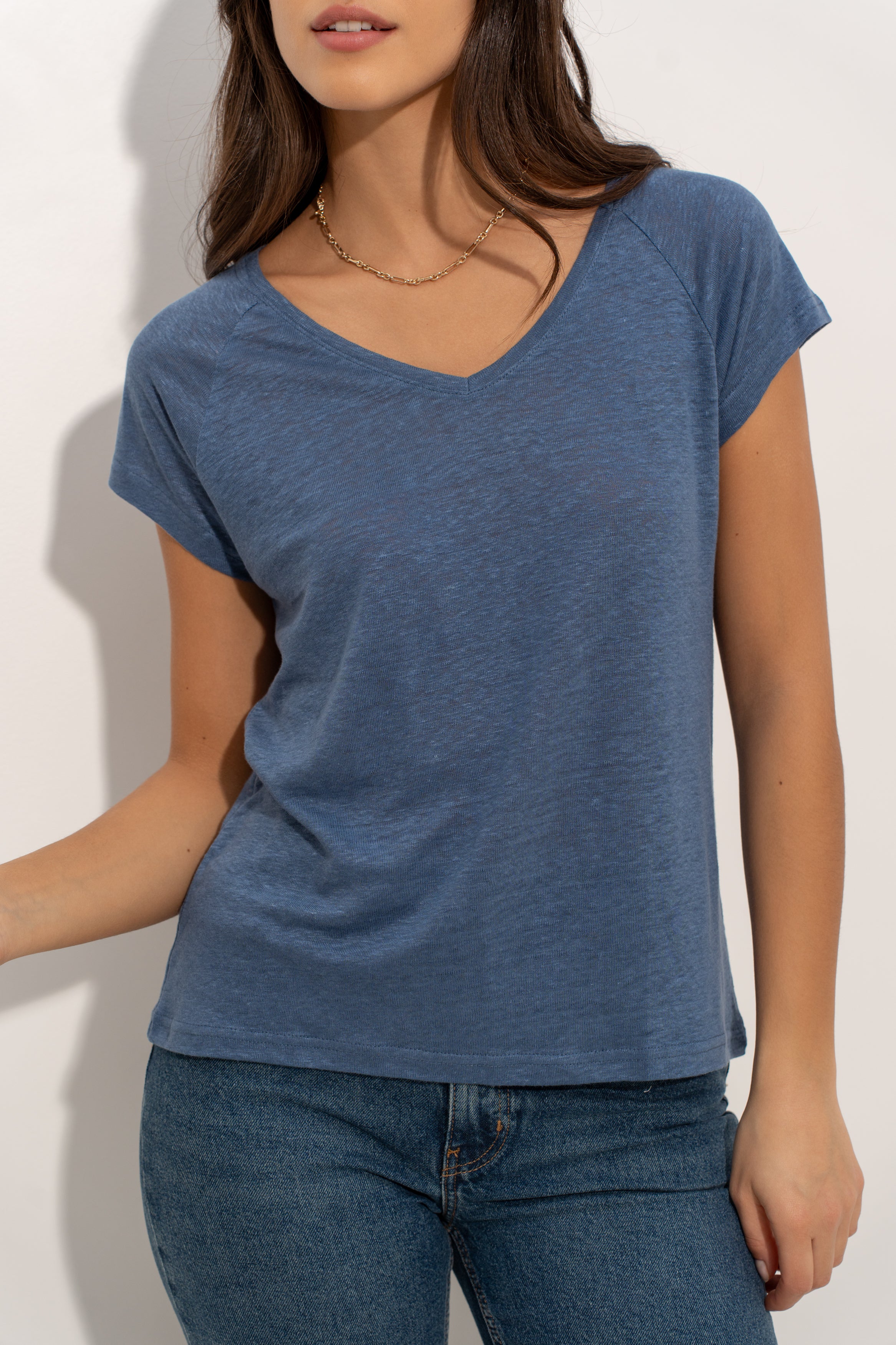 T-shirt V manche raglan en lin