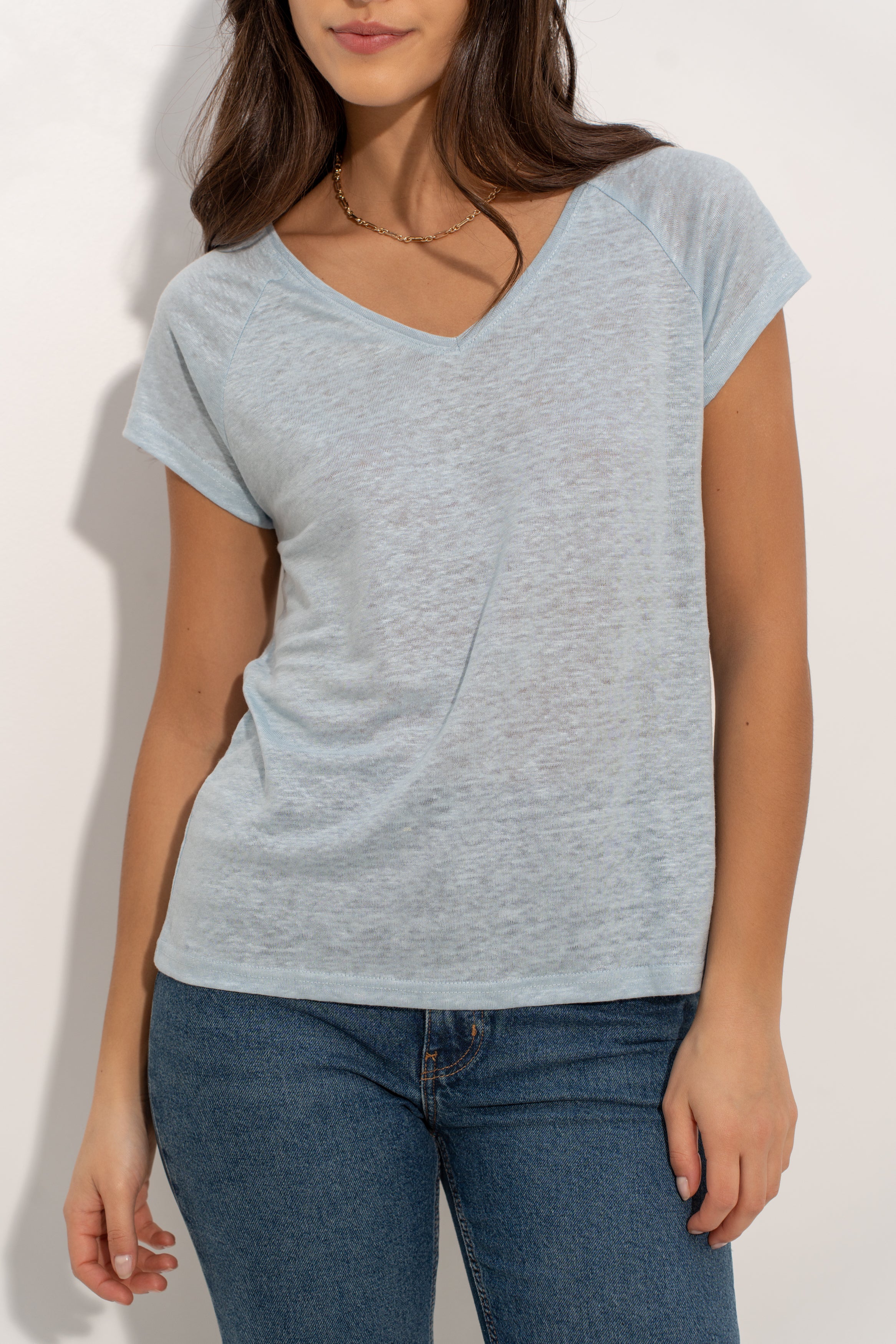 T-shirt V manche raglan en lin