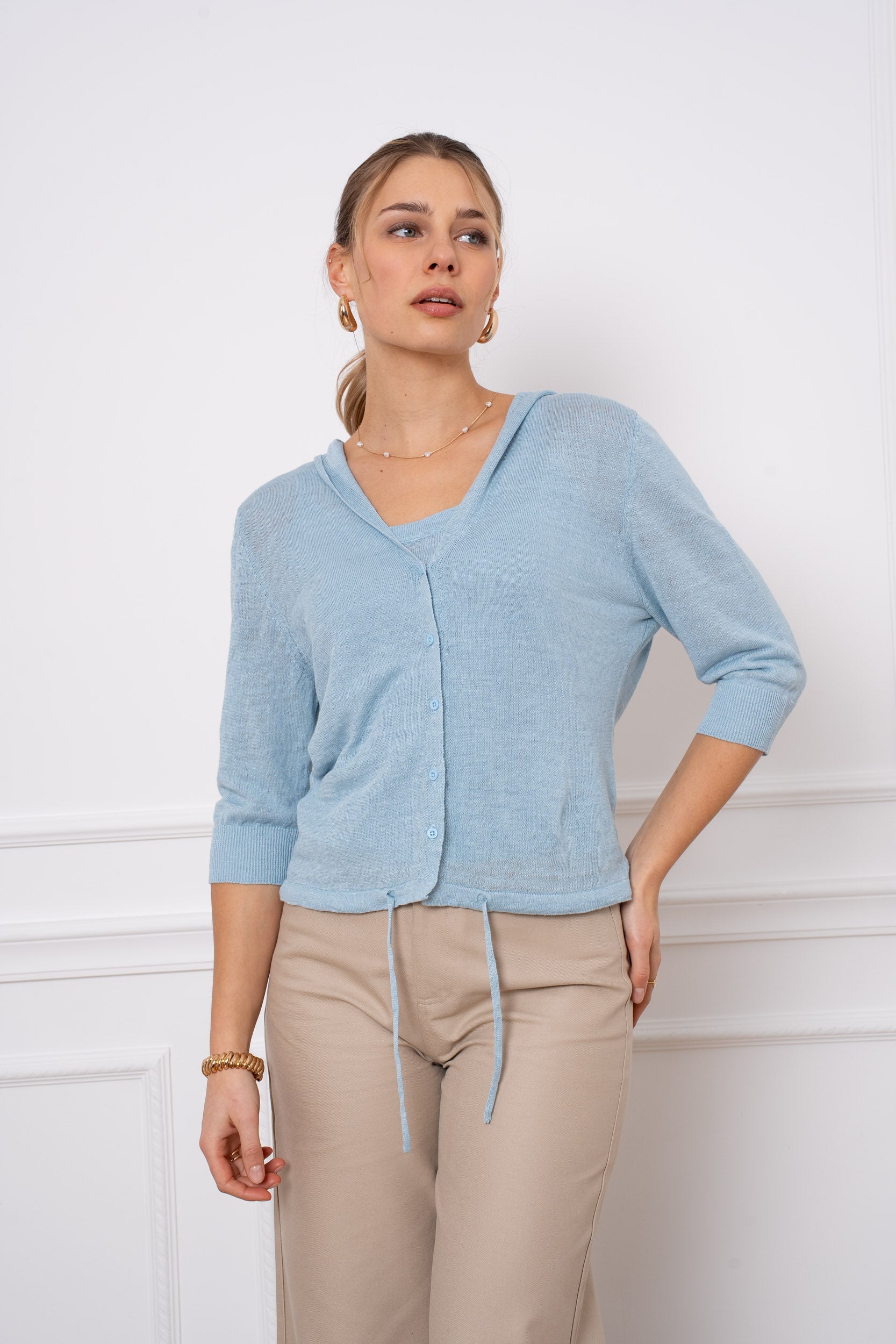 Gilet avec capuche 100% lin tricoté
