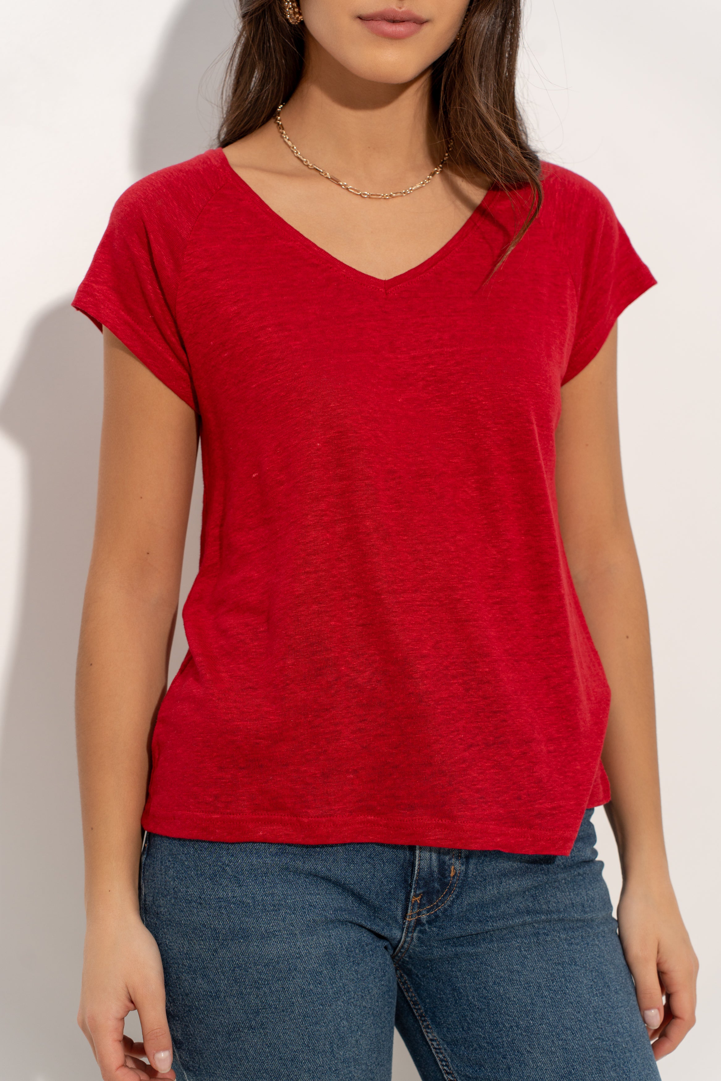 T-shirt V manche raglan en lin
