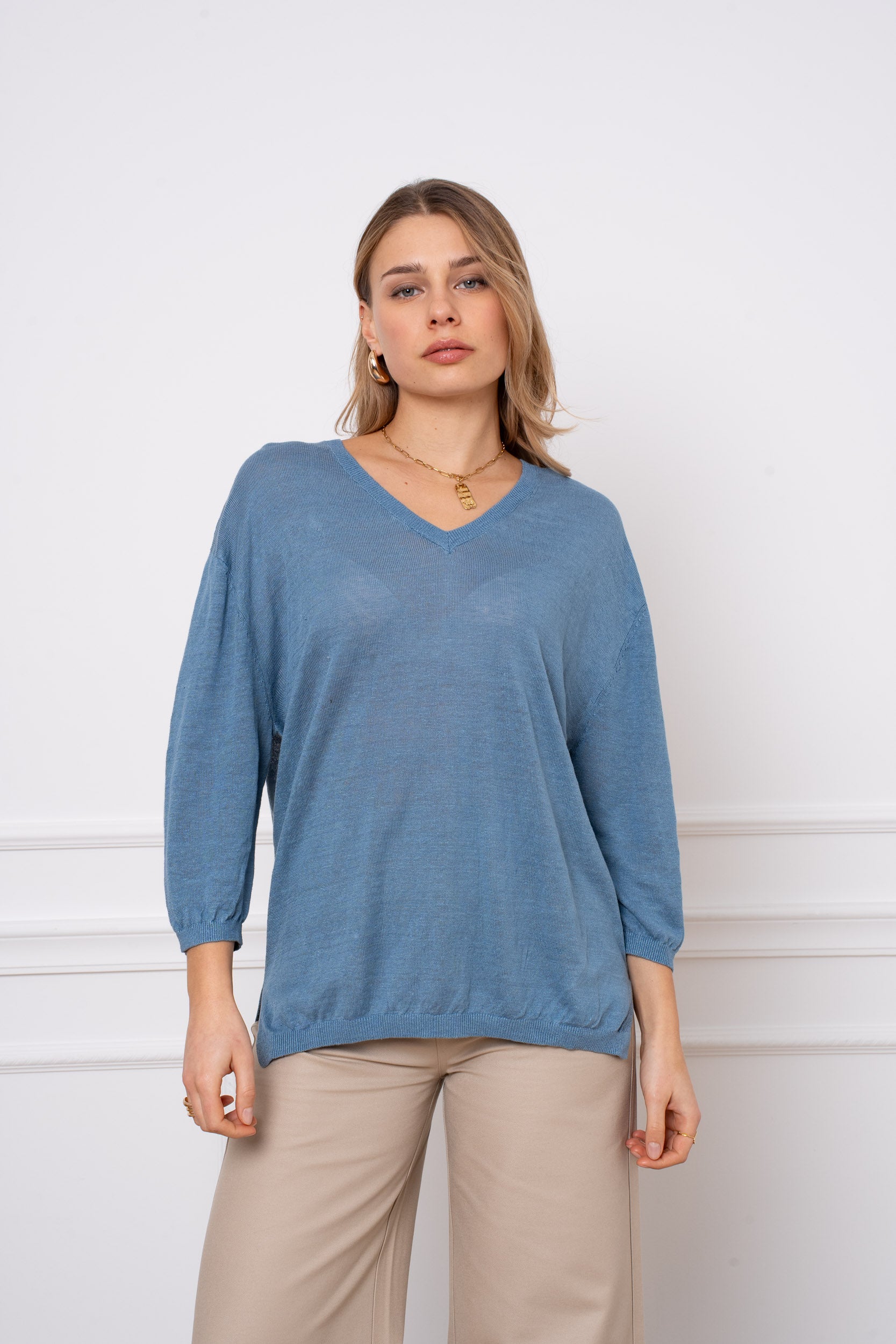 Pull V oversize en lin tricoté