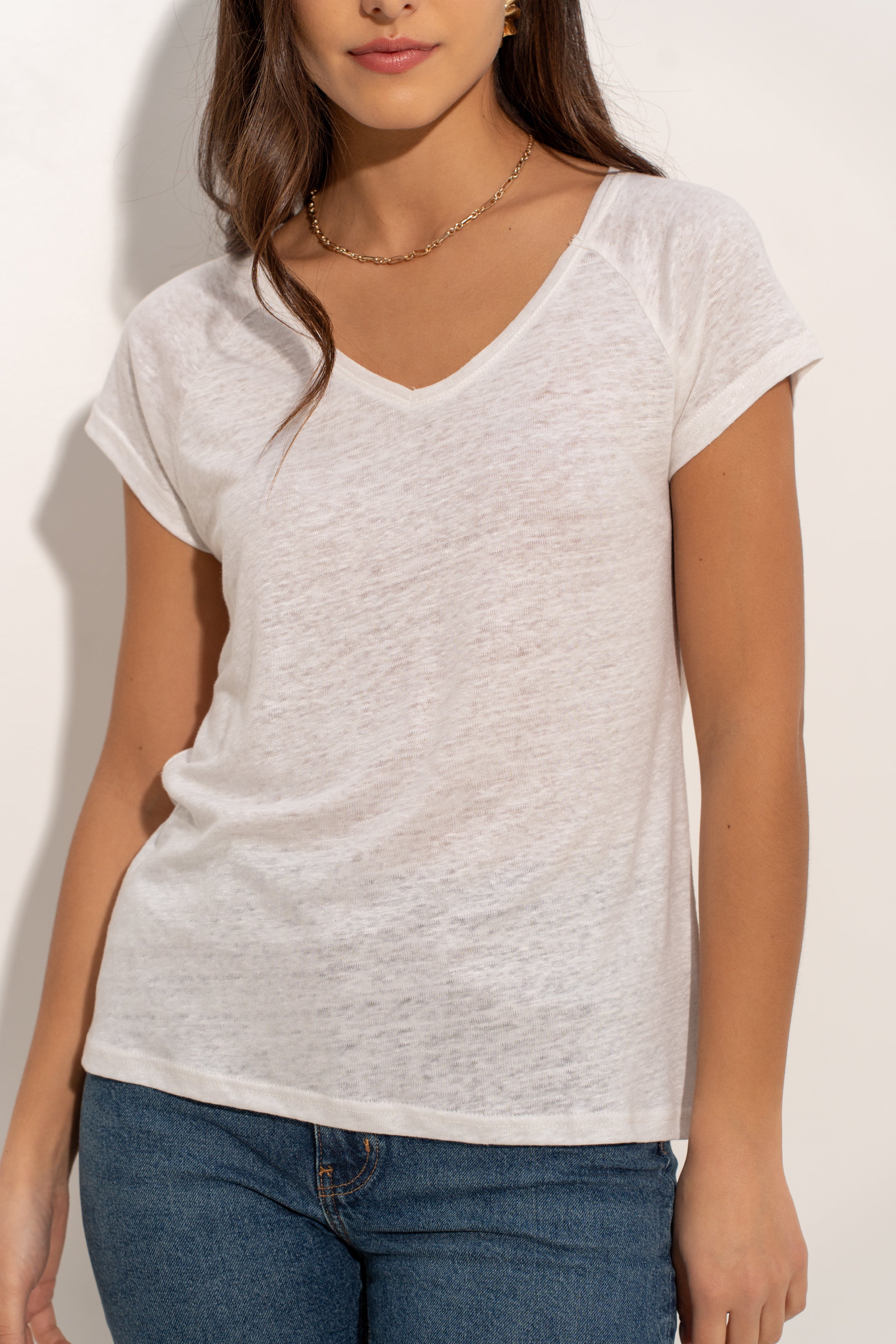 T-shirt V manche raglan en lin