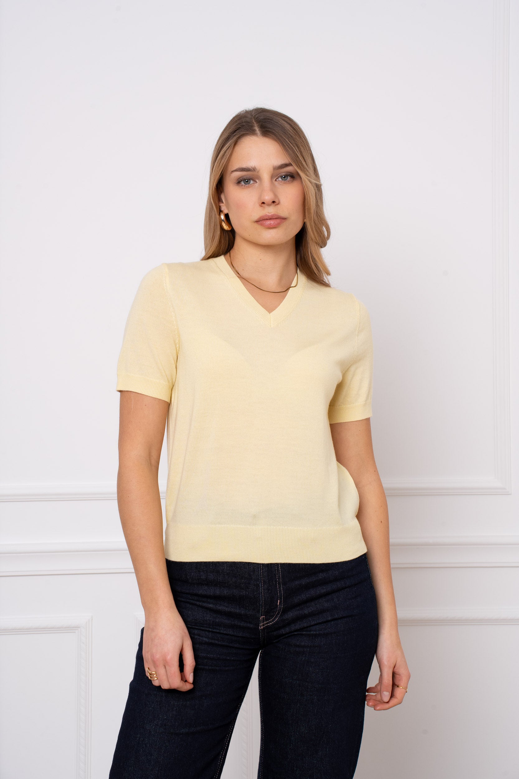 Pull 100% laine mérinos col V manches courtes