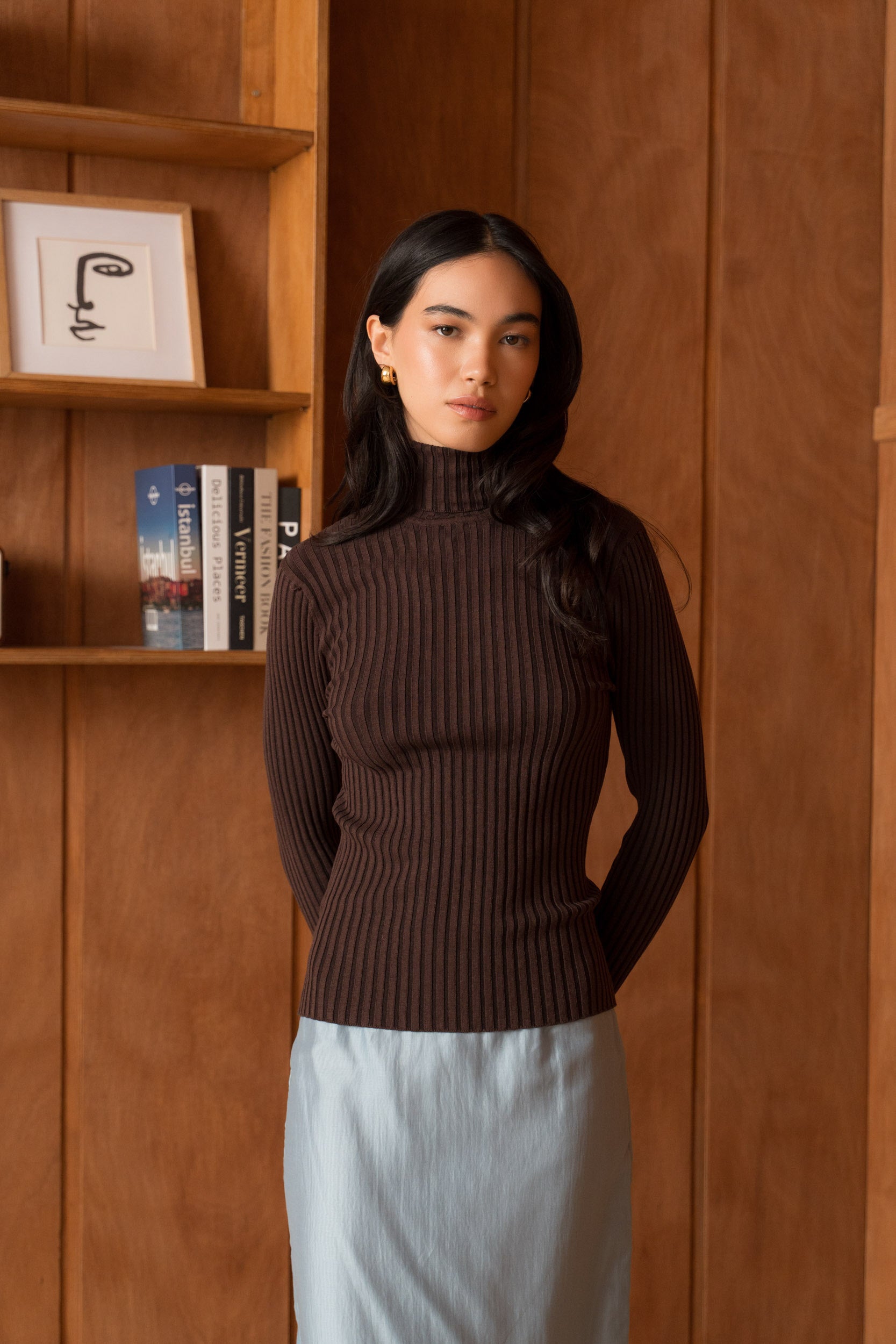 Pull soie stretch col roulé côtelé