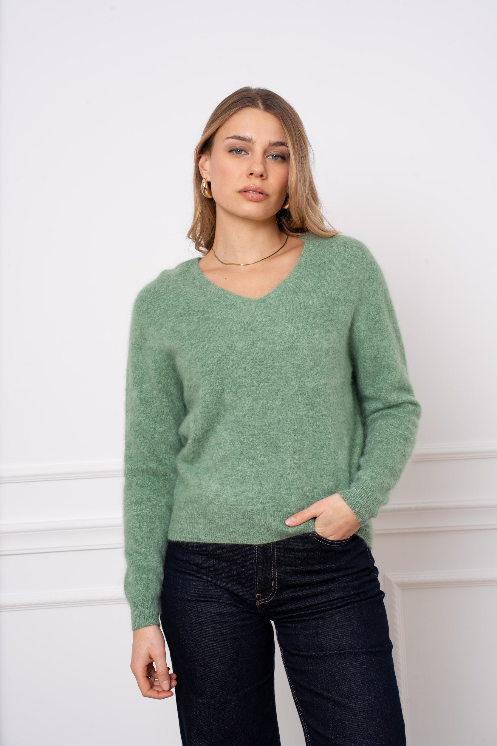 Pull laine & cachemire brossé col V