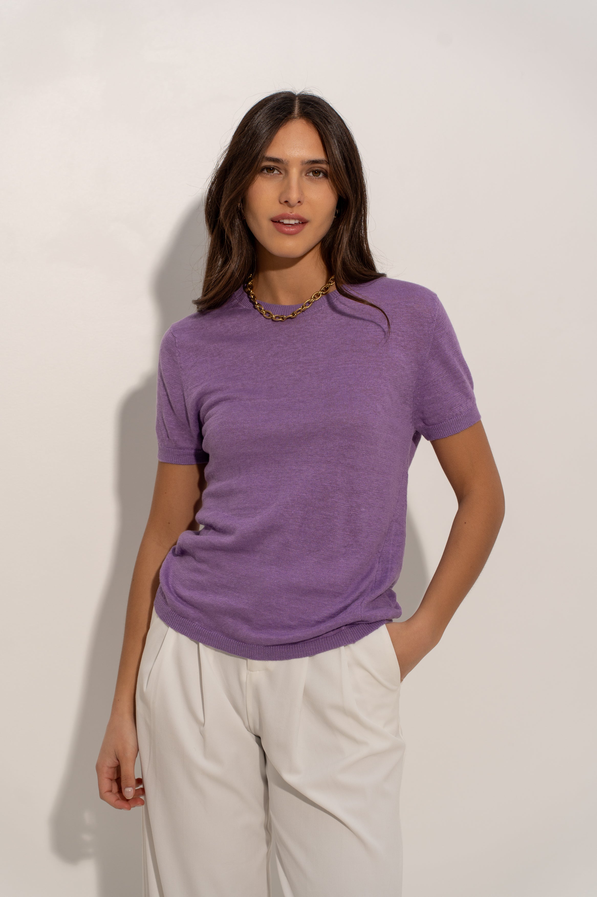 T-shirt col rond en lin tricoté