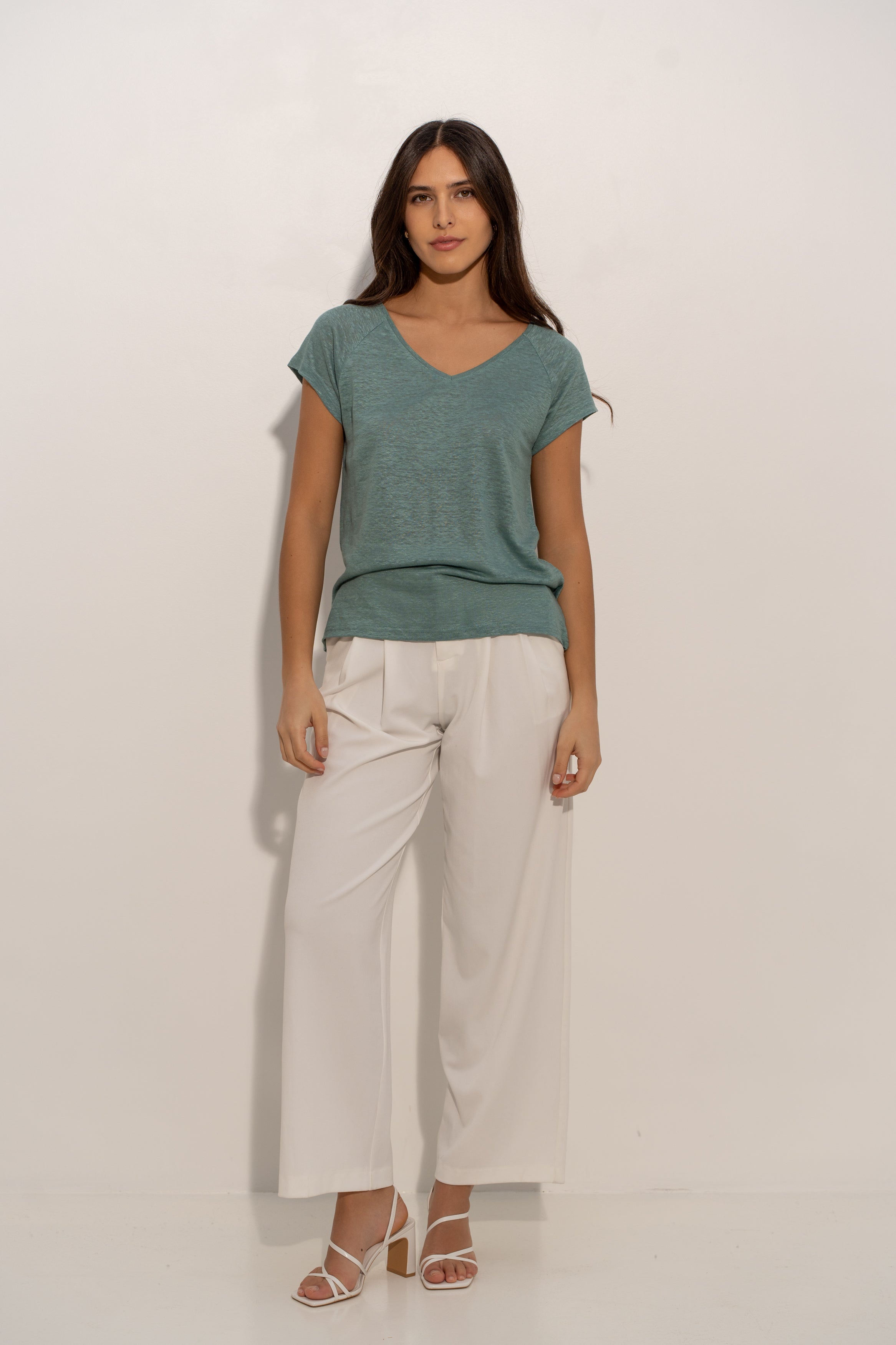 T-shirt V manche raglan en lin