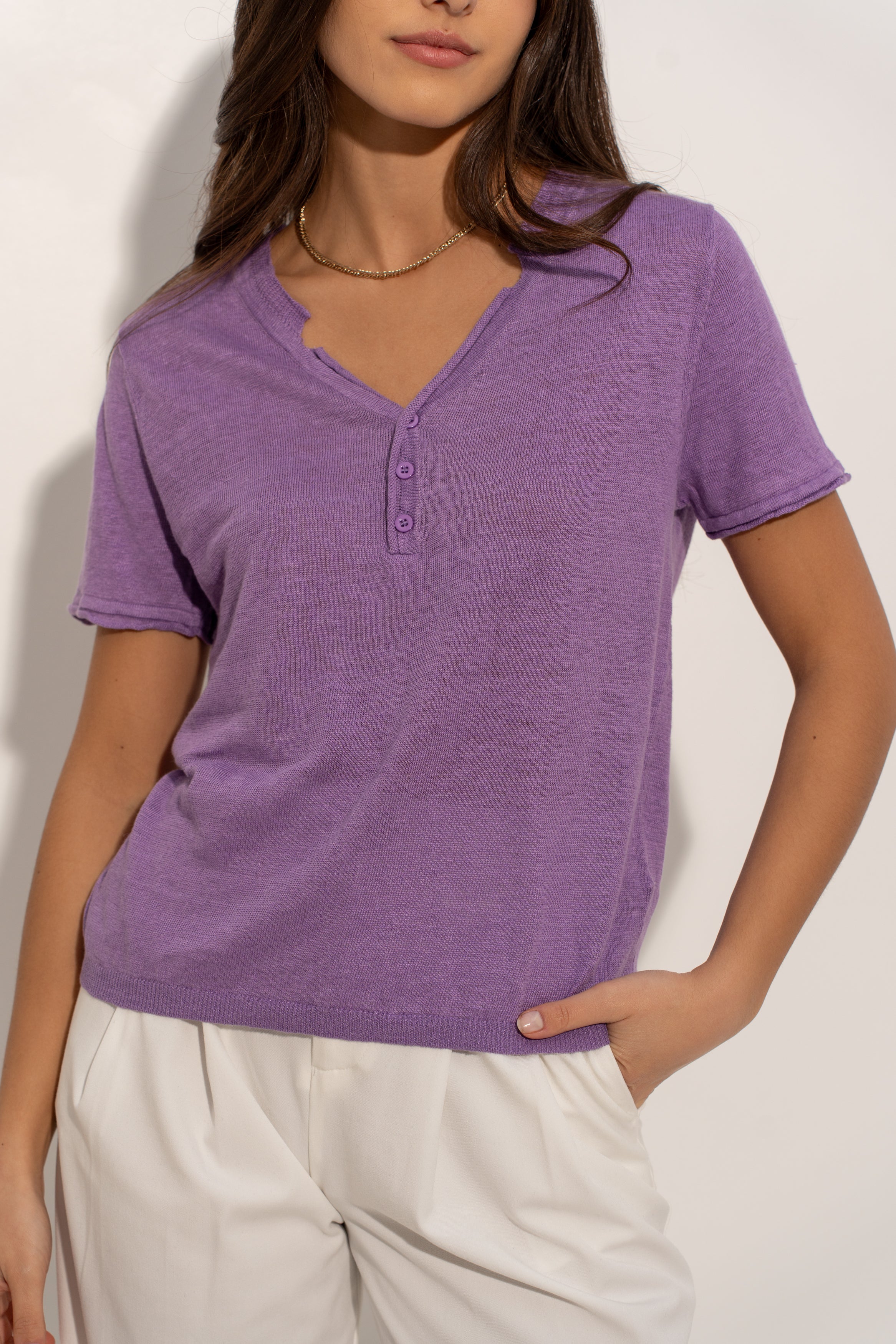 T-shirt col tunisien en lin tricoté