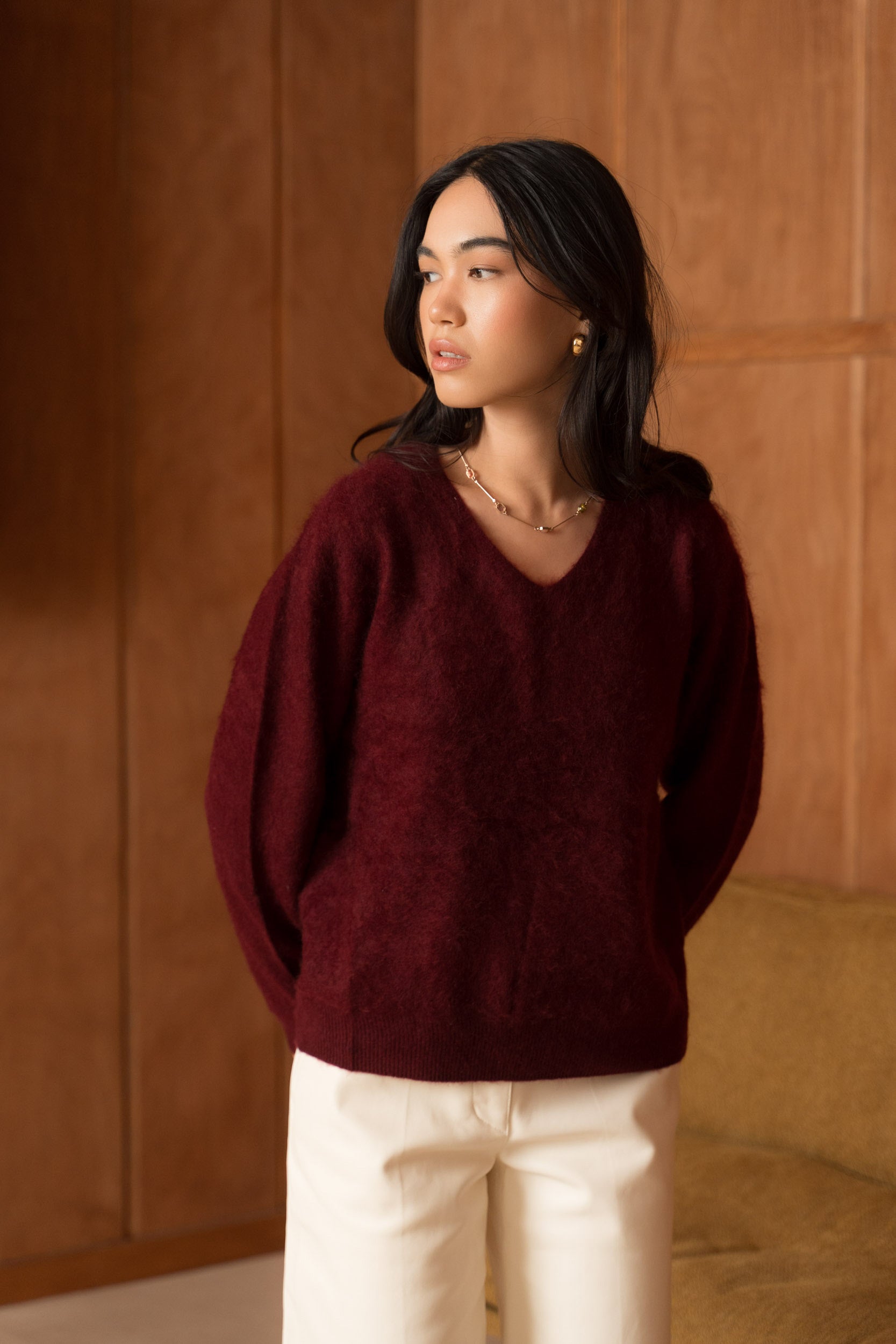 Pull laine & cachemire brossé col V