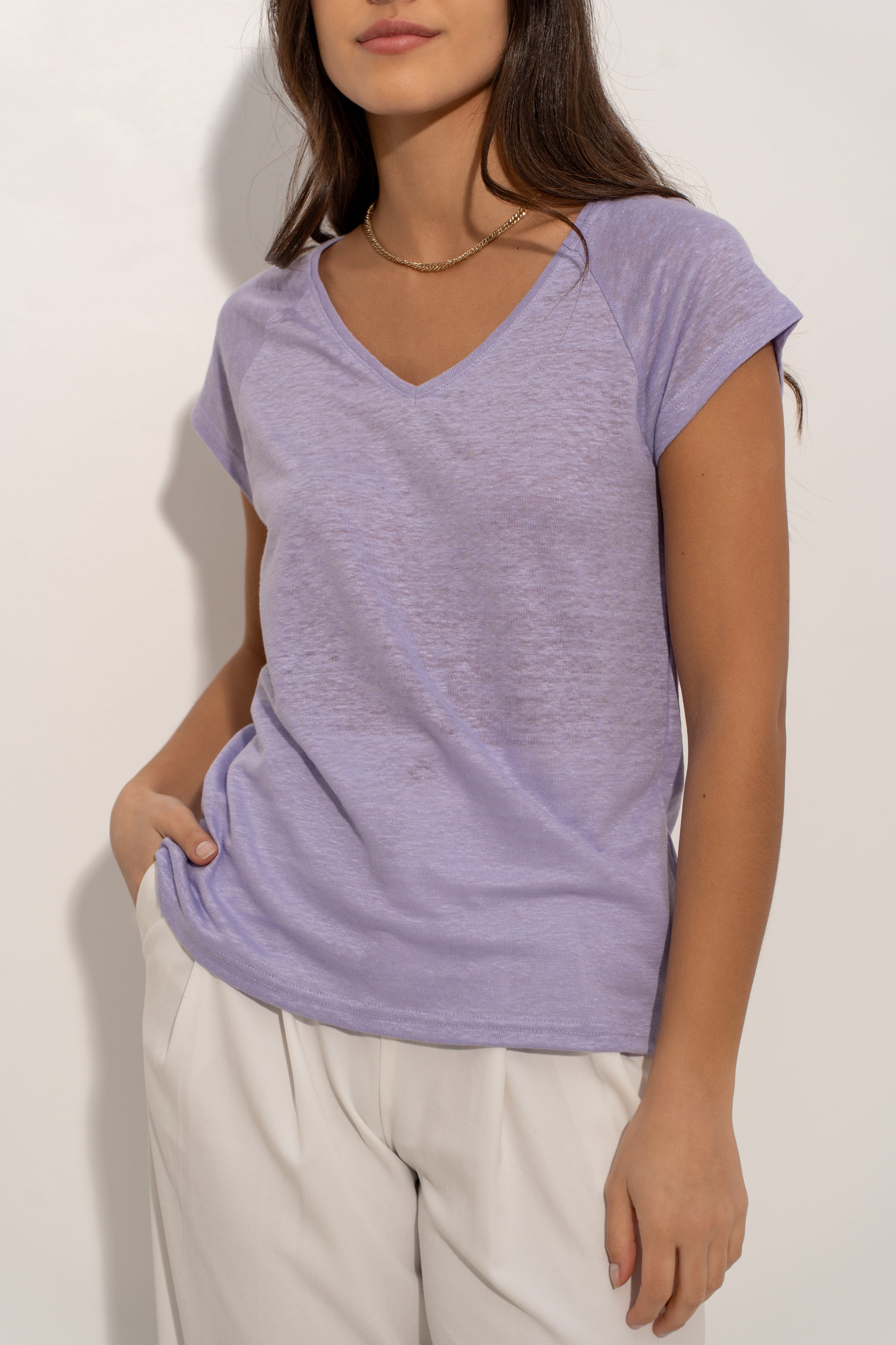 T-shirt V manche raglan en lin