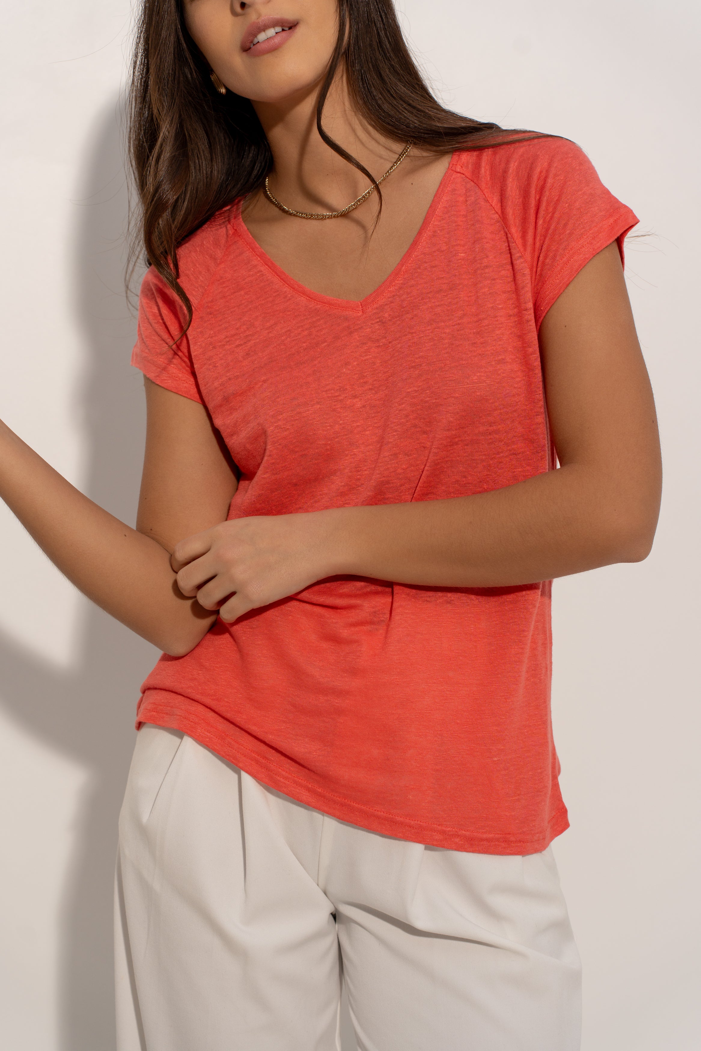 T-shirt V manche raglan en lin