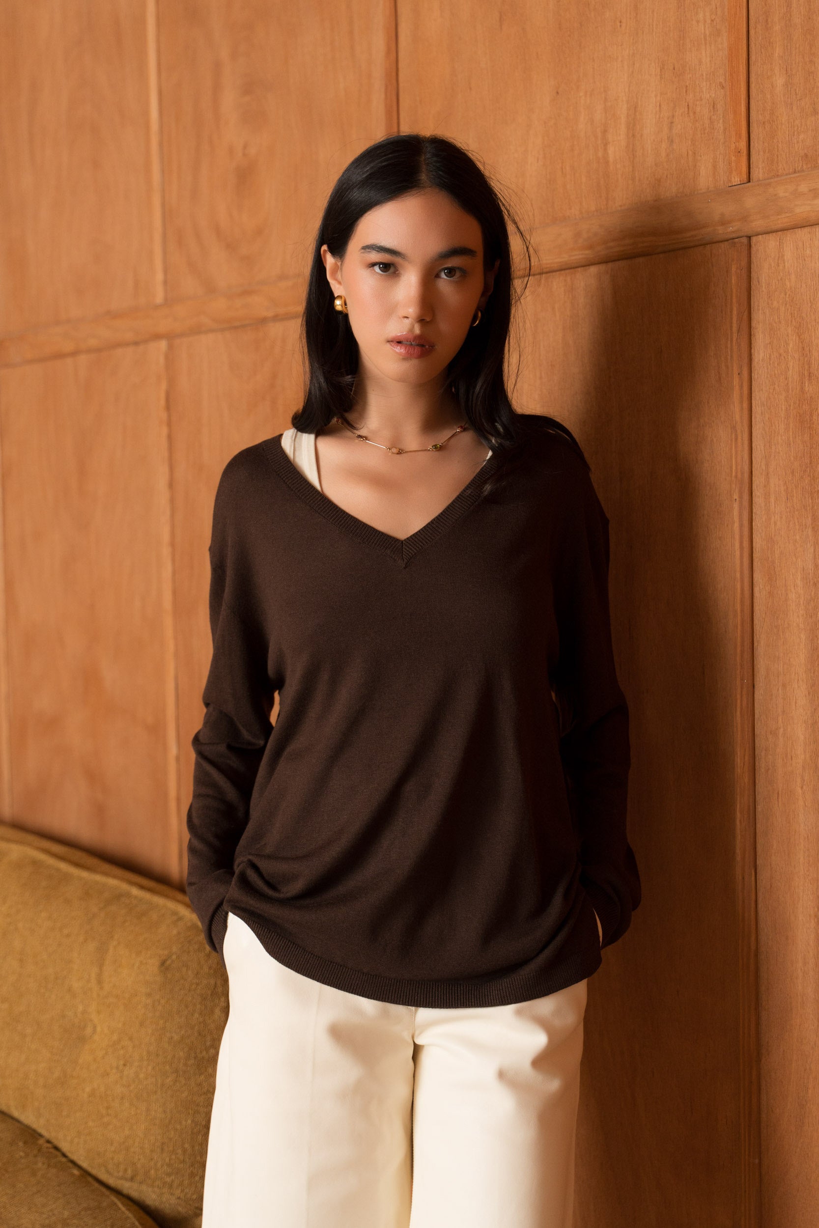 Pull V oversize en soie et cachemire