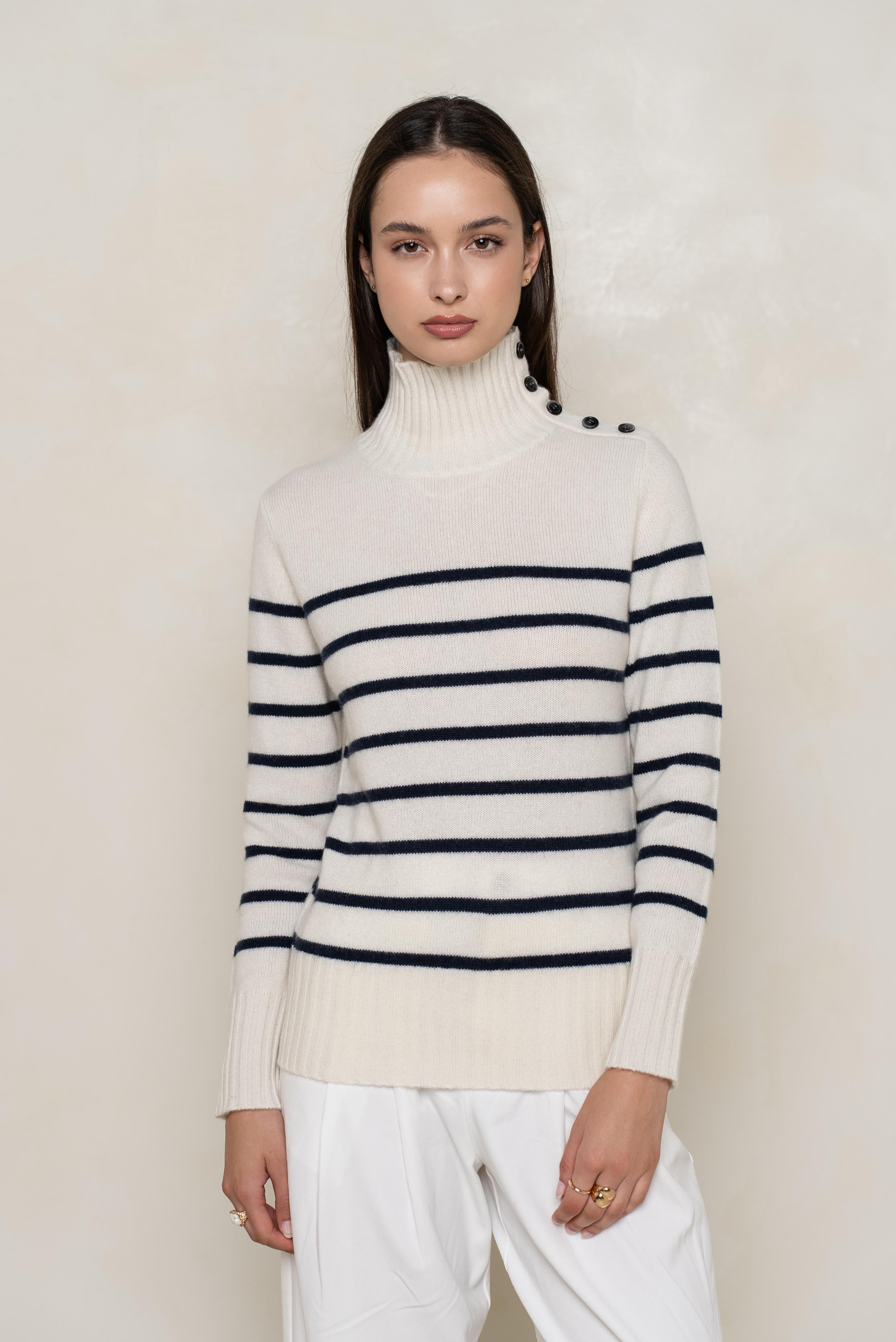 Pull 100% cachemire 4 fils marinière col montant