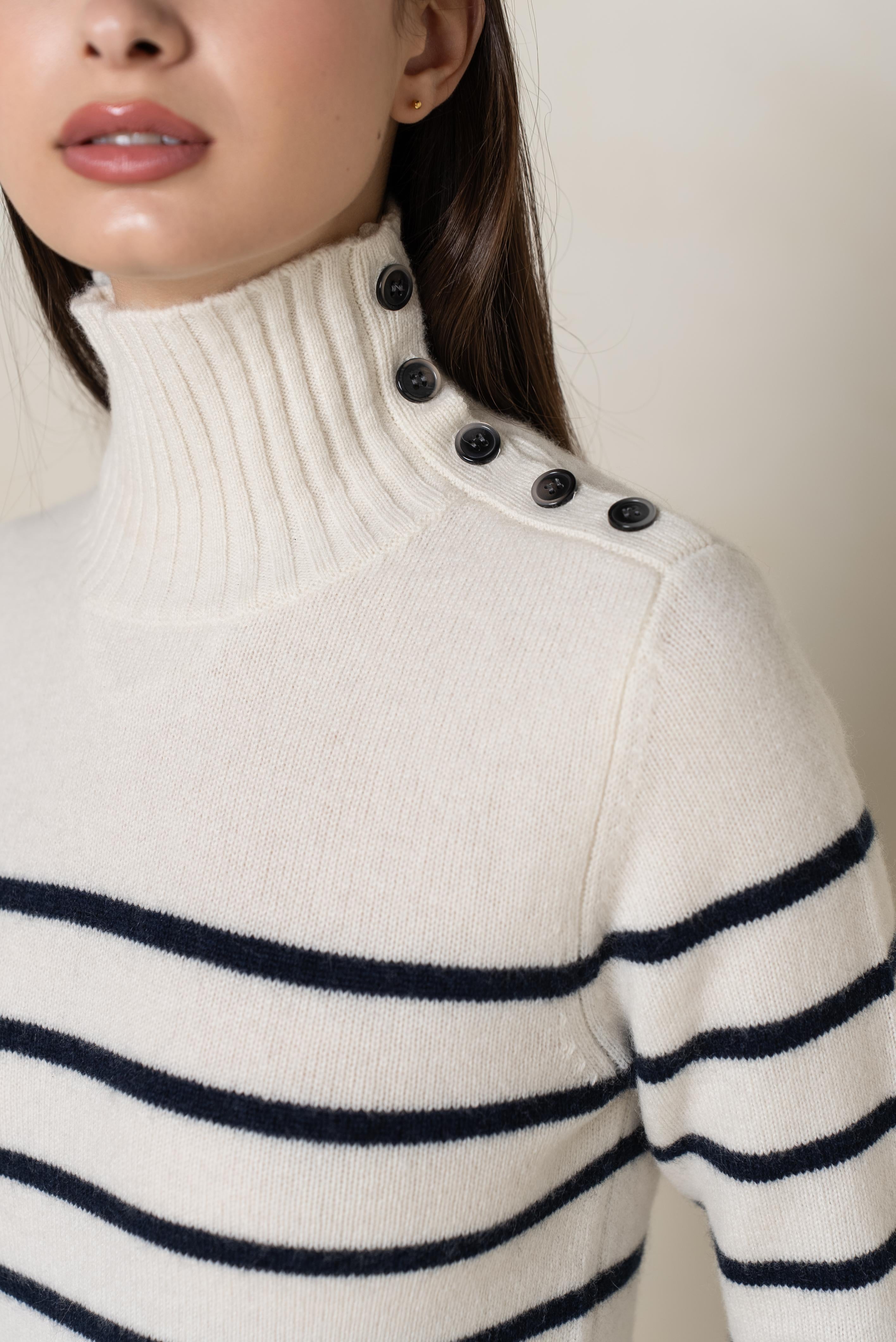 Pull 100% cachemire 4 fils marinière col montant