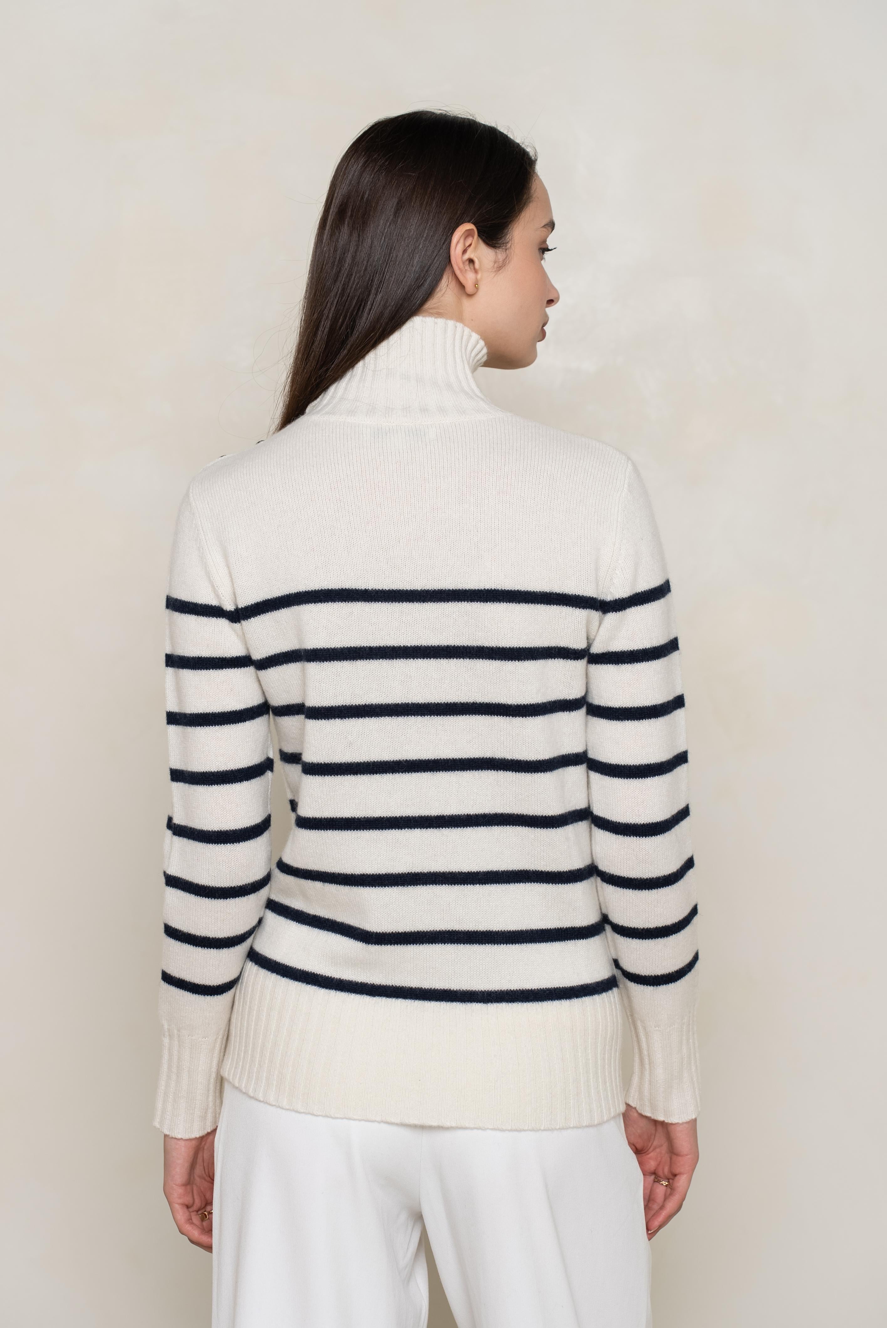 Pull 100% cachemire 4 fils marinière col montant