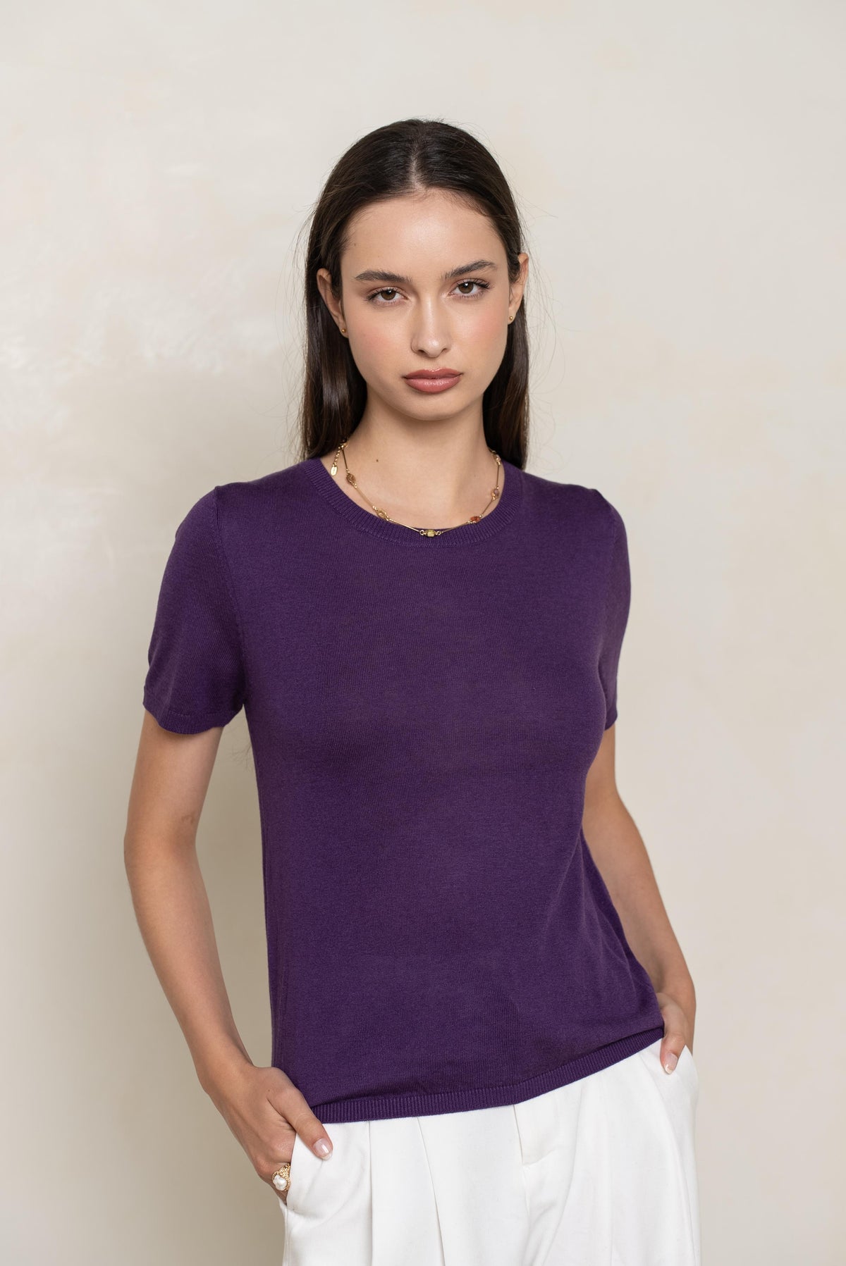 Pull soie & cachemire col rond manches courtes