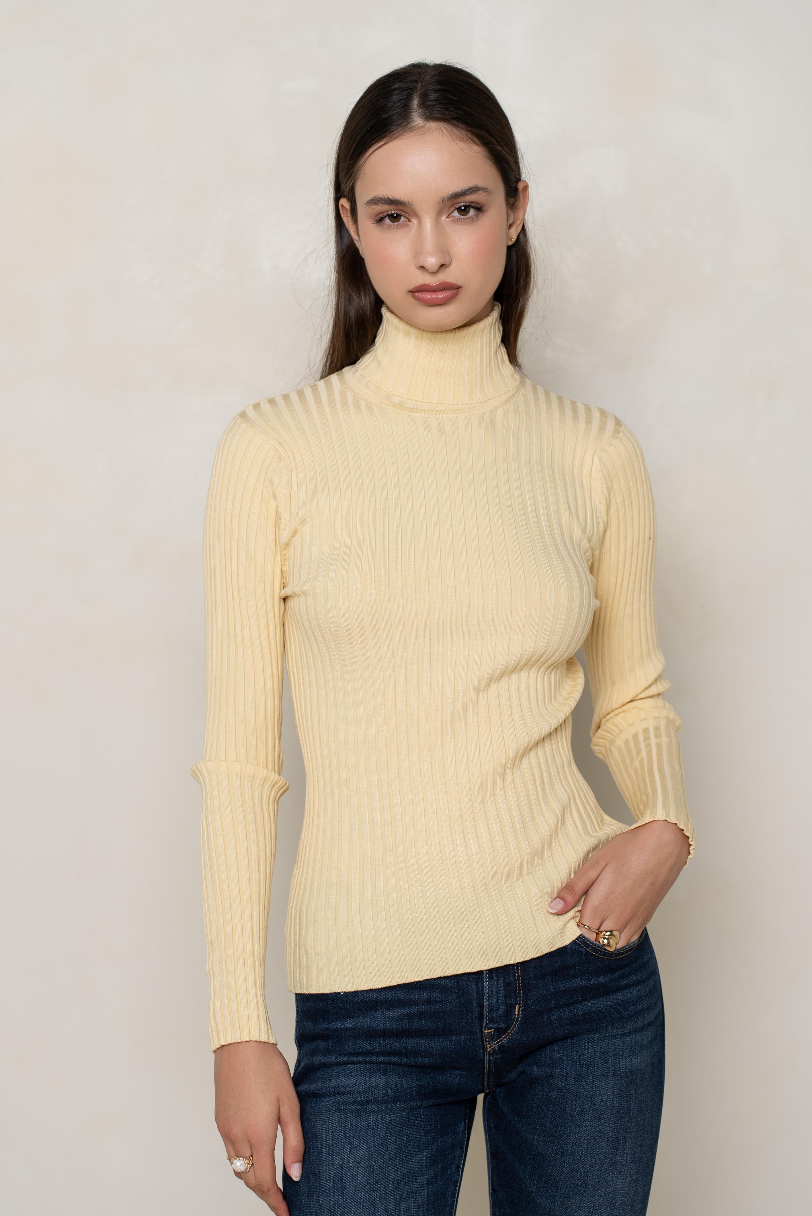 Pull col roulé côtelé en soie stretch