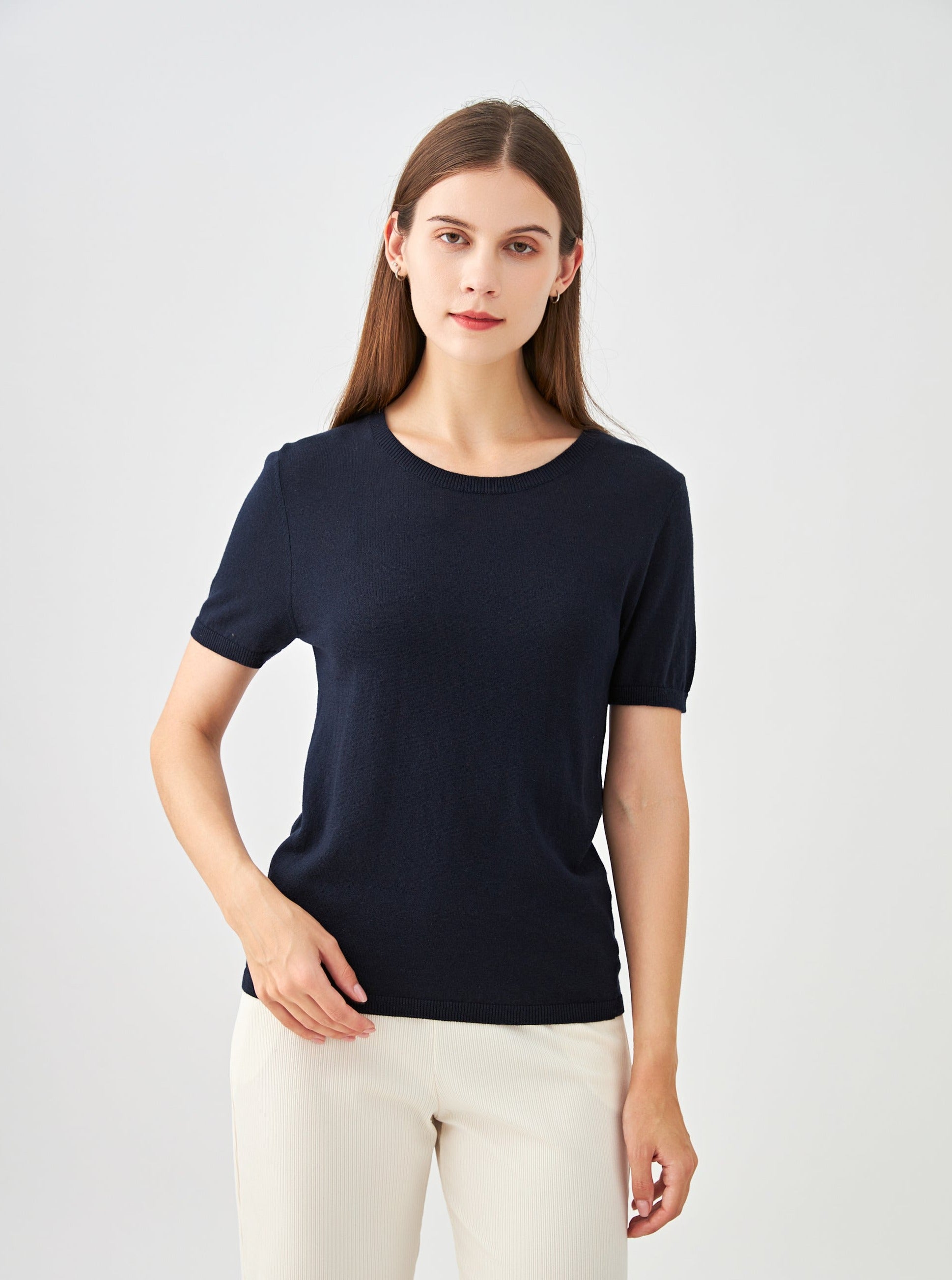 Pull col rond manches courtes en soie et cachemire